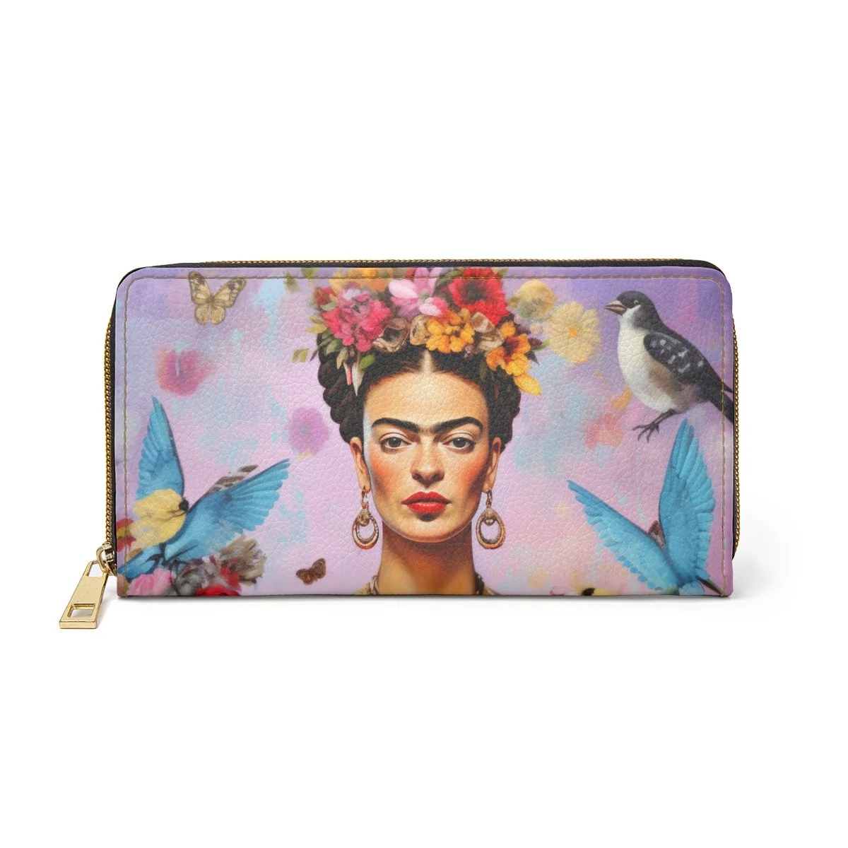 Purple Frida Flowers Blue Birds  Zipper Wallet