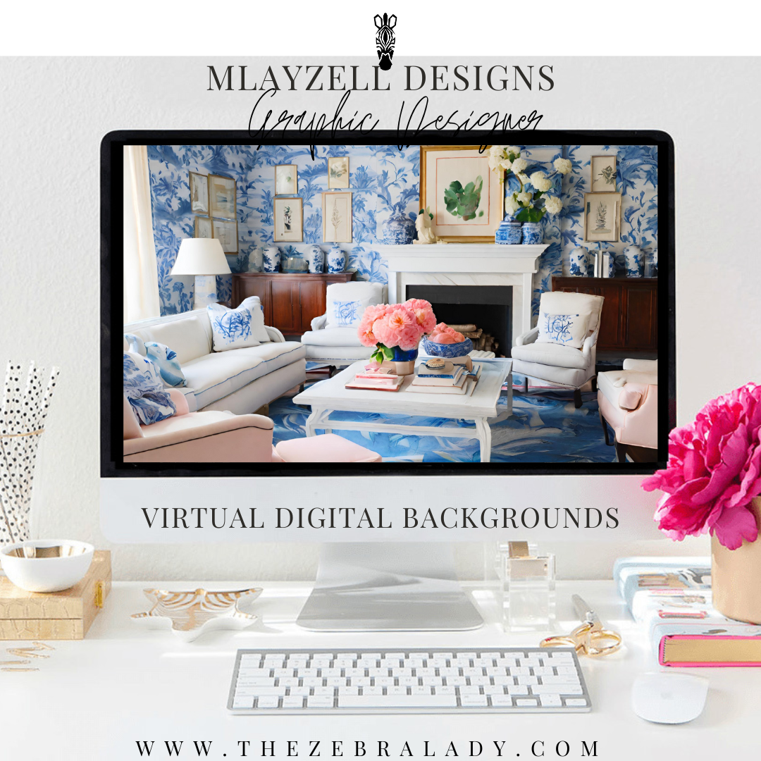 Preppy Blue Chinoiserie Livingroom 0010 Virtual Digital Background