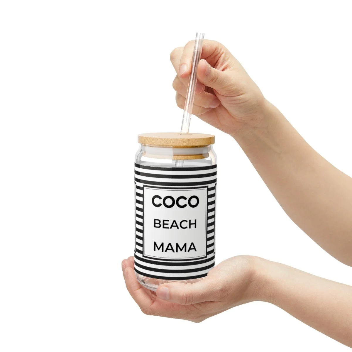 Coco Beach Mama Black White Stripes  Sipper Glass 16oz