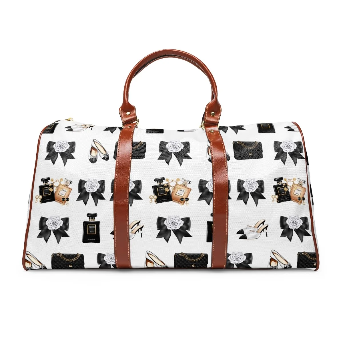 Fashion Coco Mix's Black and White Bag Brown Strap Trim Waterproof Travel Bag