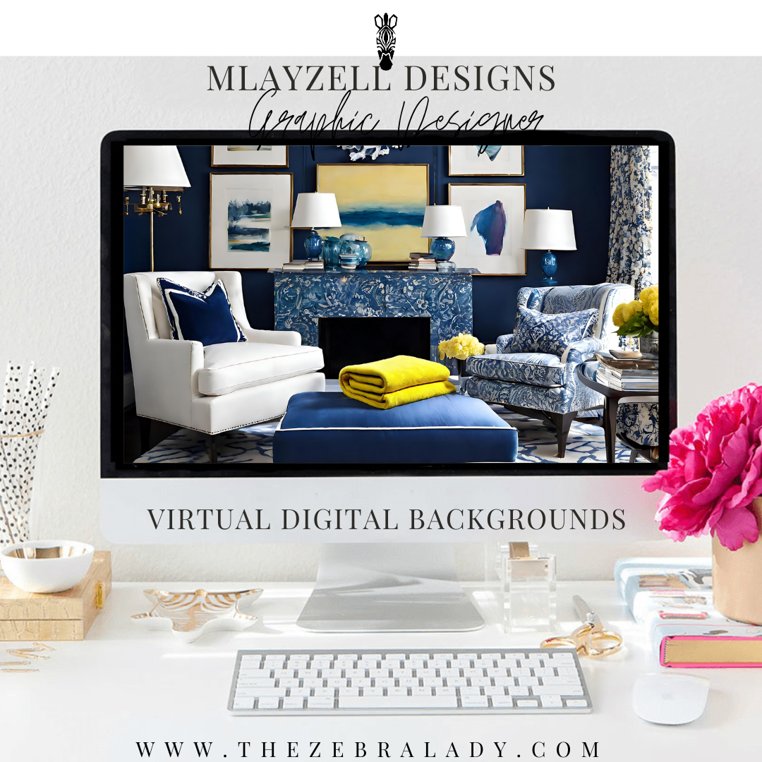 Preppy Blue White Yellow Living Room Virtual Digital Background