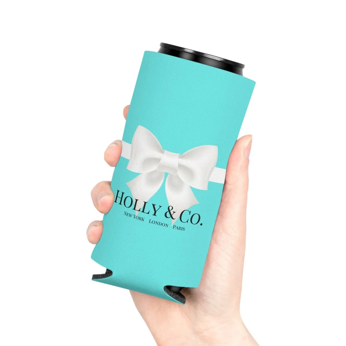 Personalized Aqua Bow Breakfast at Tiffany's Can Cooler Regular or Slim