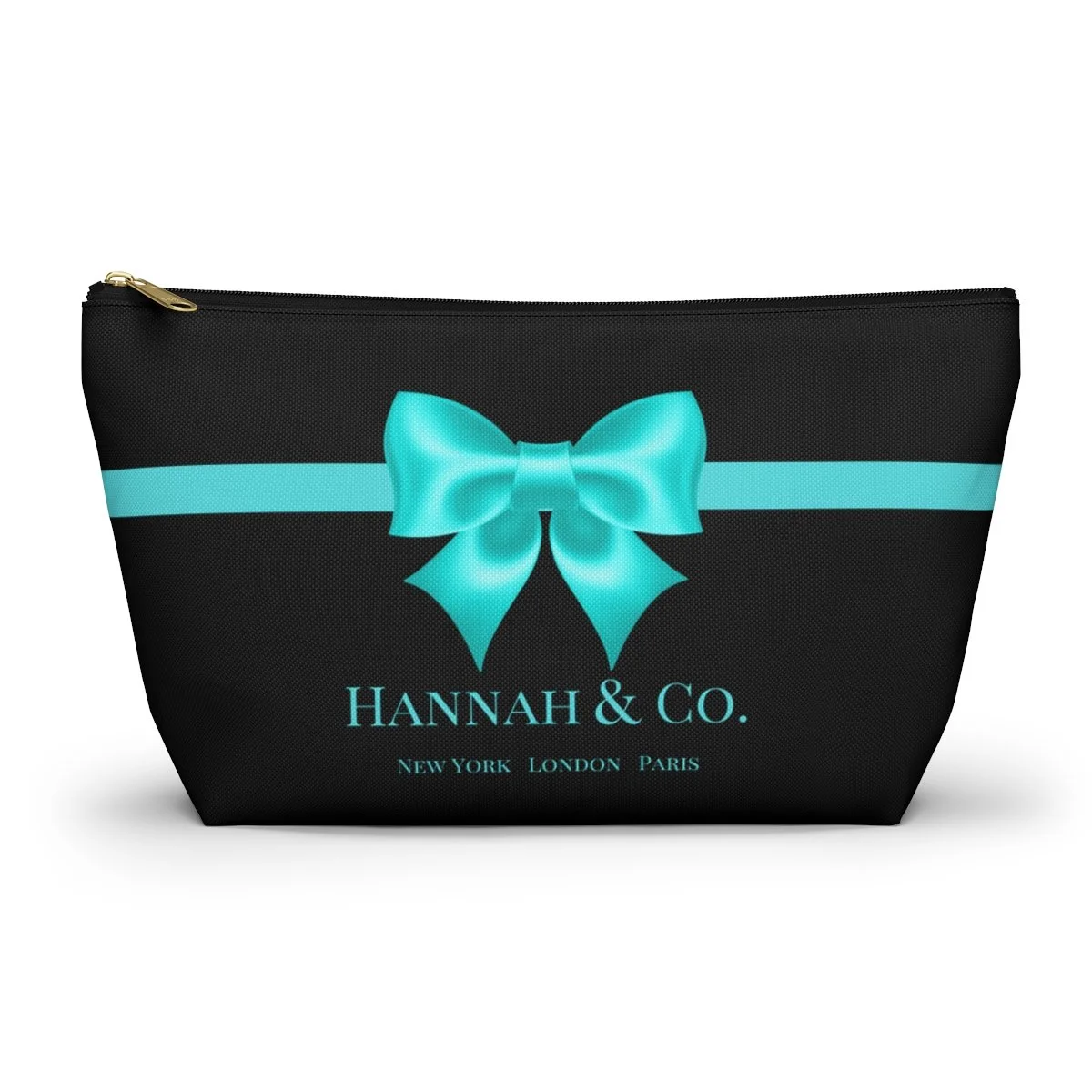 Aqua Bow Breakfast at Tiffany's Black Personalized Accessory Pouch w T-bottom