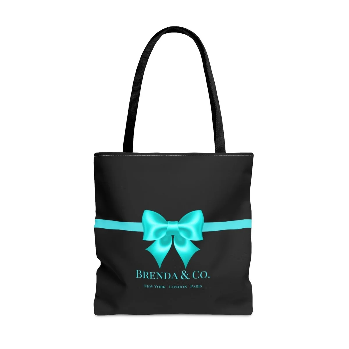 Aqua Bow Breakfast at Tiffany's Black Handle Tote Personalized