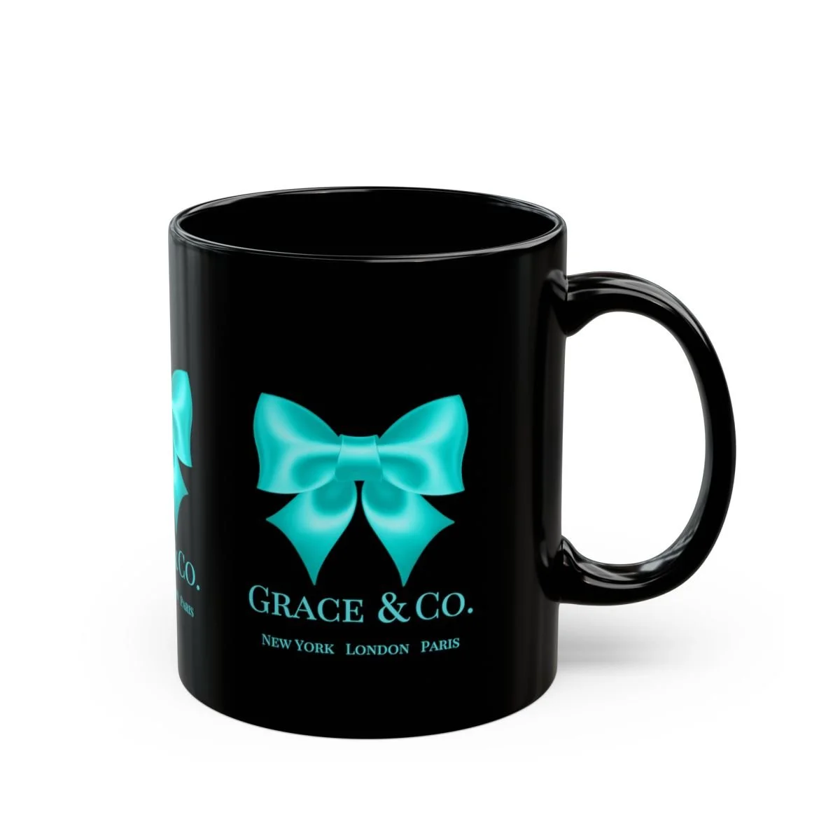 Aqua Bow Breakfast at Tiffany's Personalized Black Mug (11oz, 15oz)