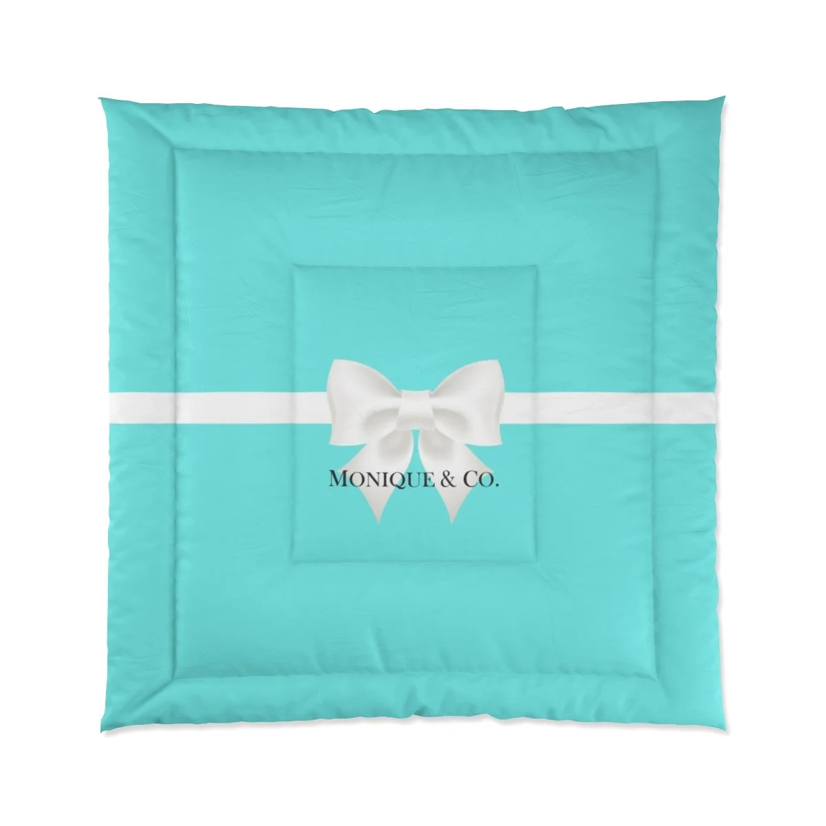 Personalized Aqua White Bow Breakfast at Tiffany's Comforter