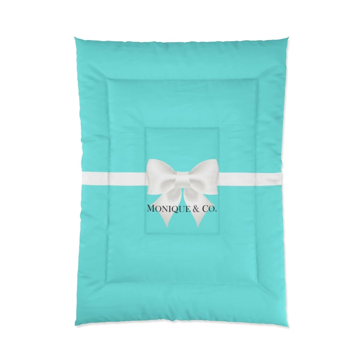 Personalized Aqua White Bow Breakfast at Tiffany's Comforter  Thezebralady.com