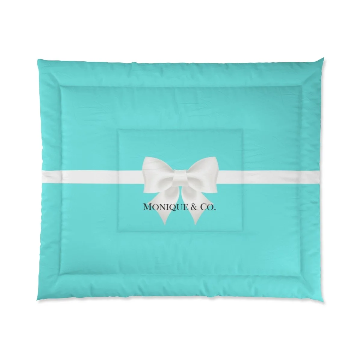 Personalized Aqua White Bow Breakfast at Tiffany's Comforter  Thezebralady.com