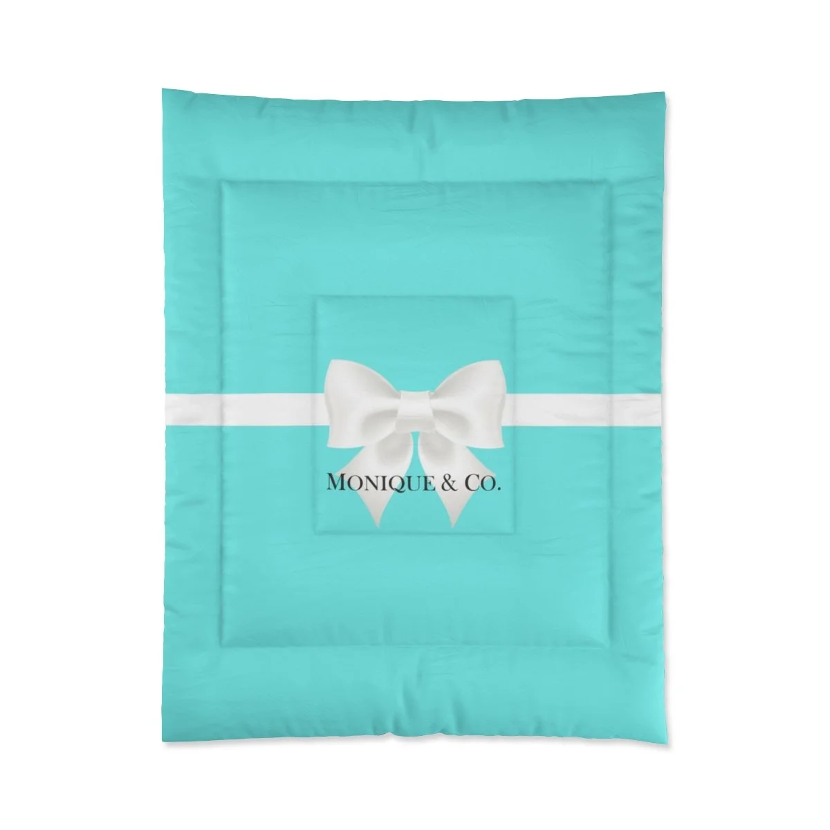 Personalized Aqua White Bow Breakfast at Tiffany's Comforter  Thezebralady.com