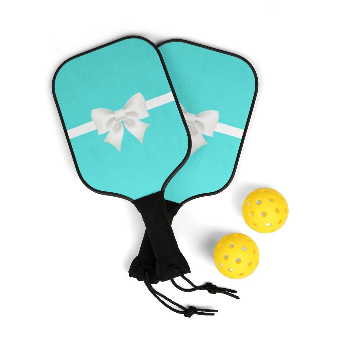 Breakfast at Tiffany's  Aqua White Bow Pickleball Paddles and Balls Kit