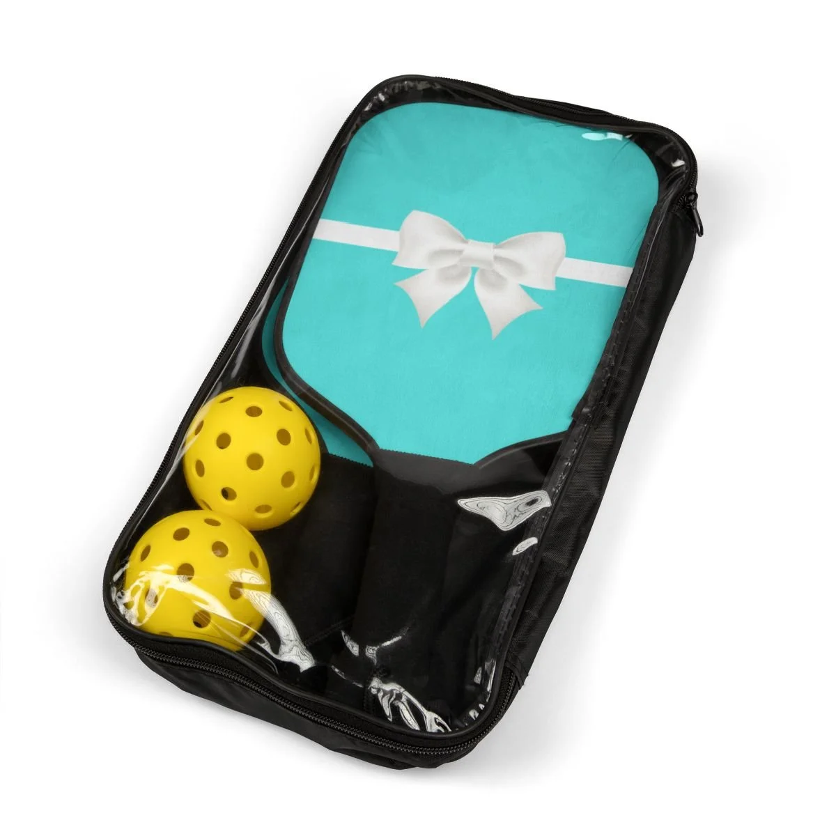 Breakfast at Tiffany's  Aqua White Bow Pickleball Paddles and Balls Kit  Thezebralady.com