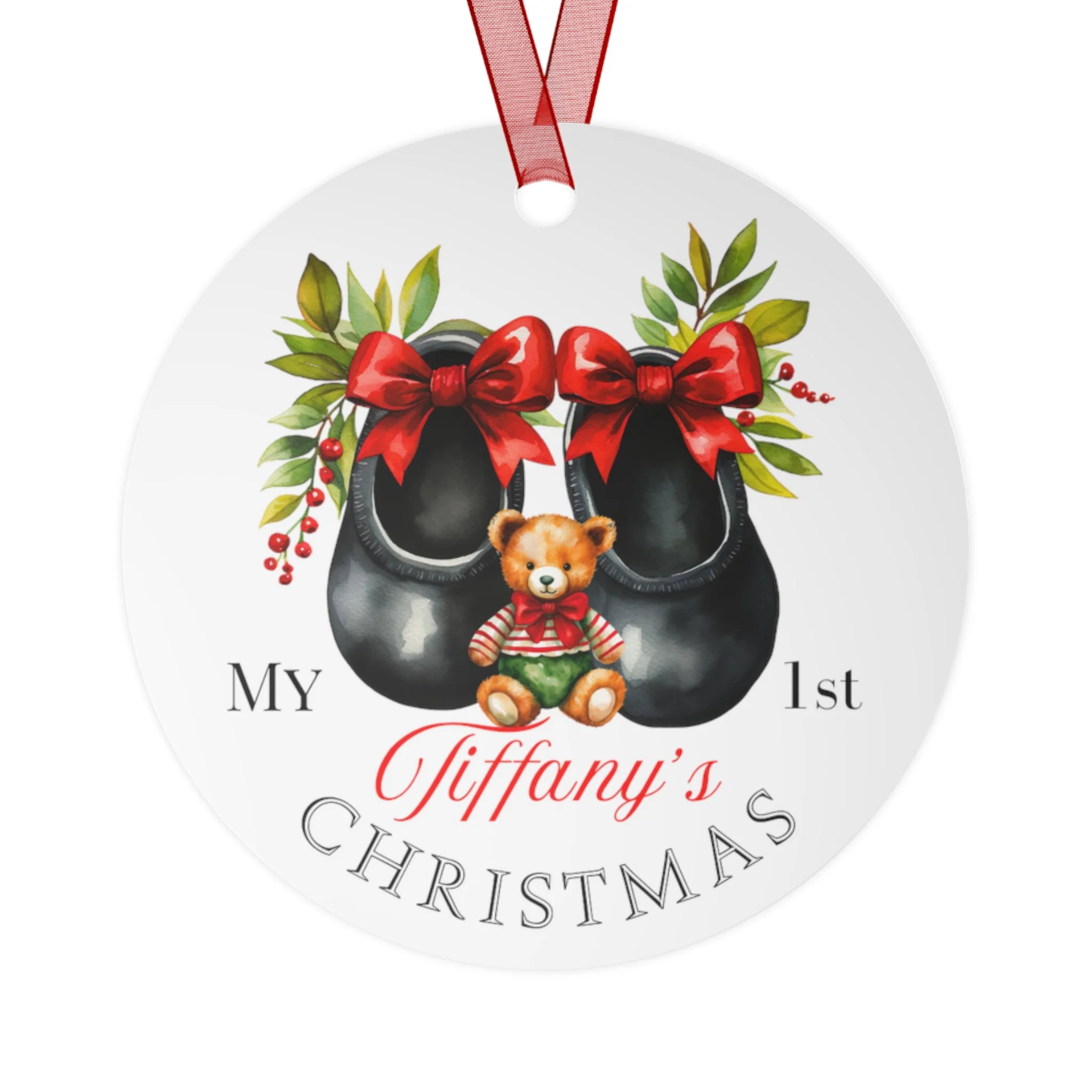 Personalized  Teddy First Christmas Shoes Metal Ornaments