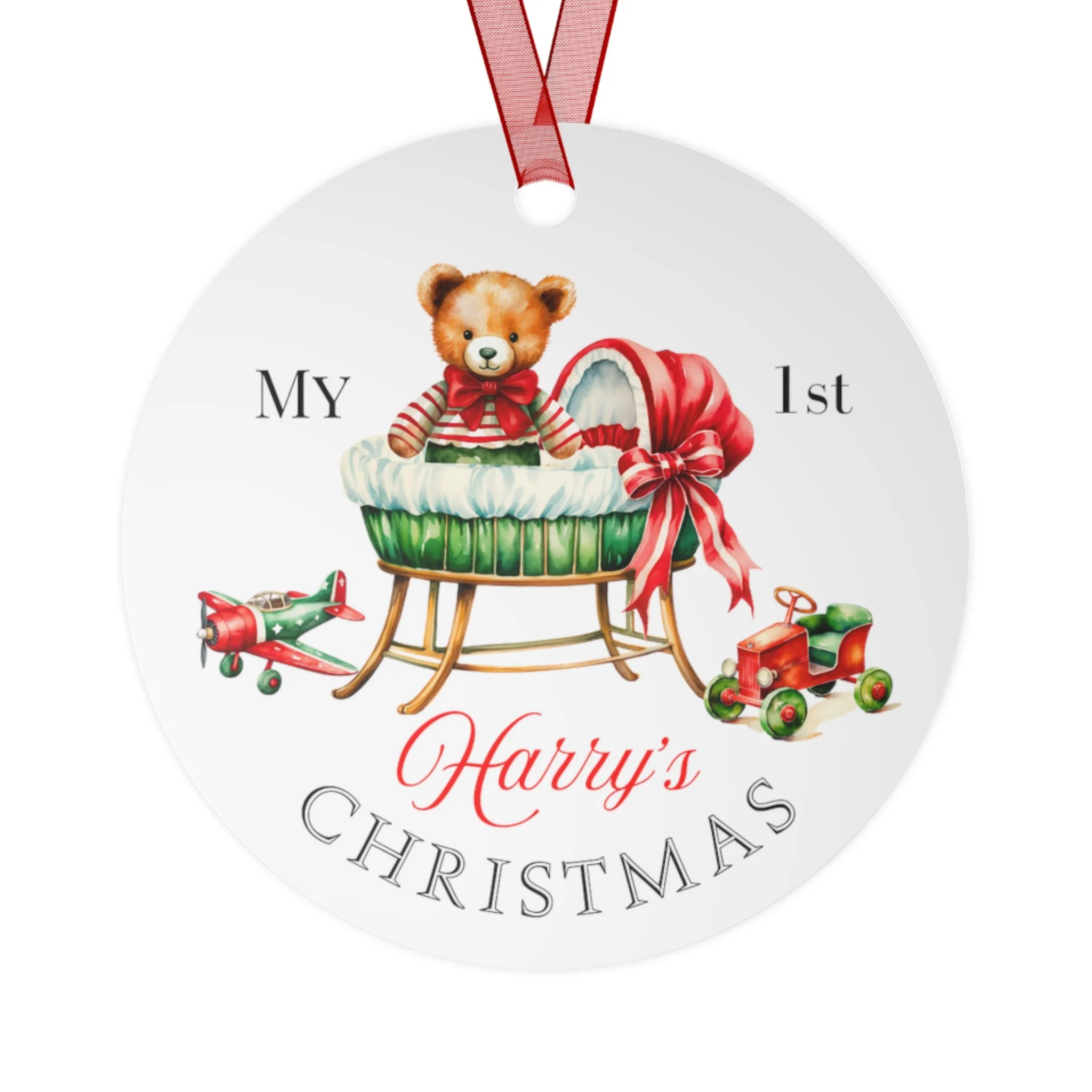 Personalized Teddy First Christmas Baby Crib Metal Ornaments