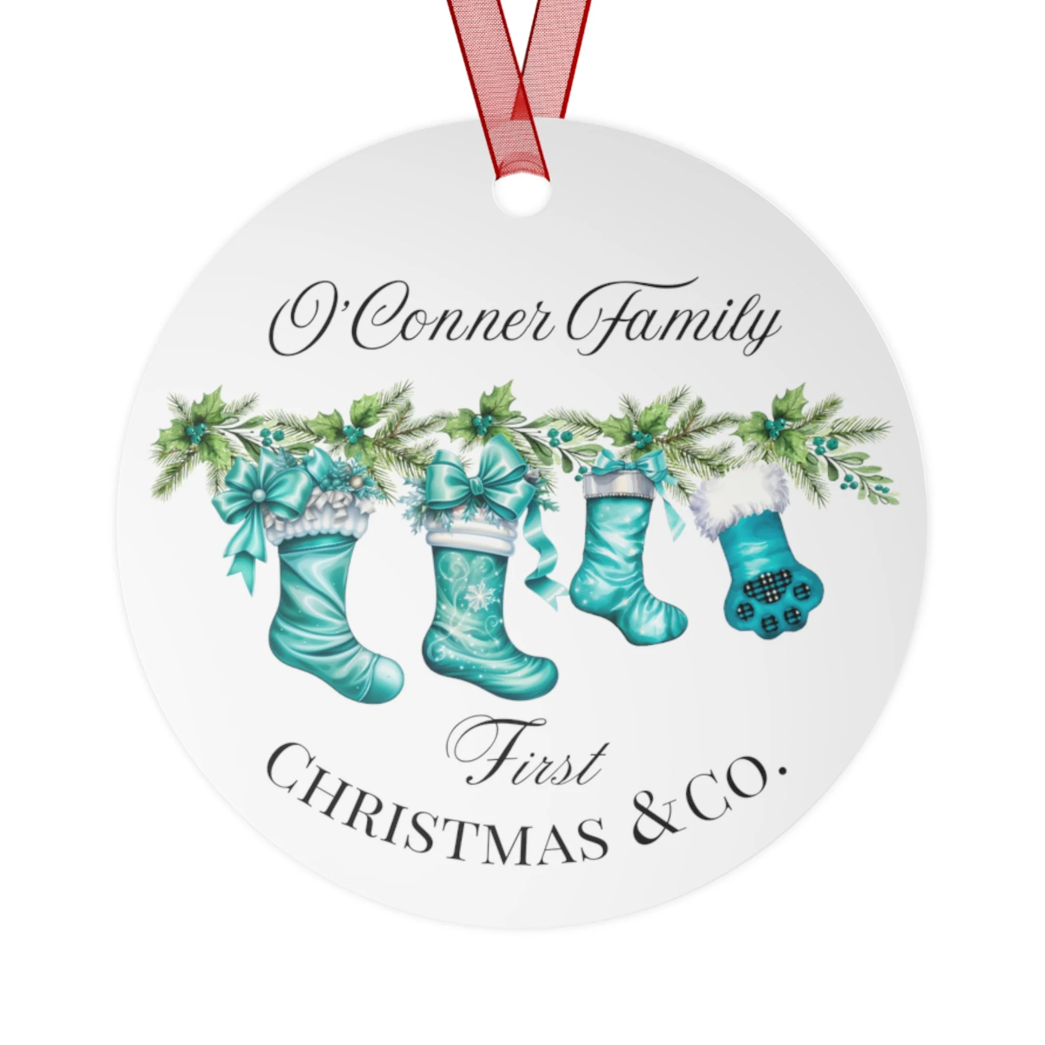 Breakfast at Tiffany's Personalized First Christmas as a Family With Paw Stocking Metal Ornaments