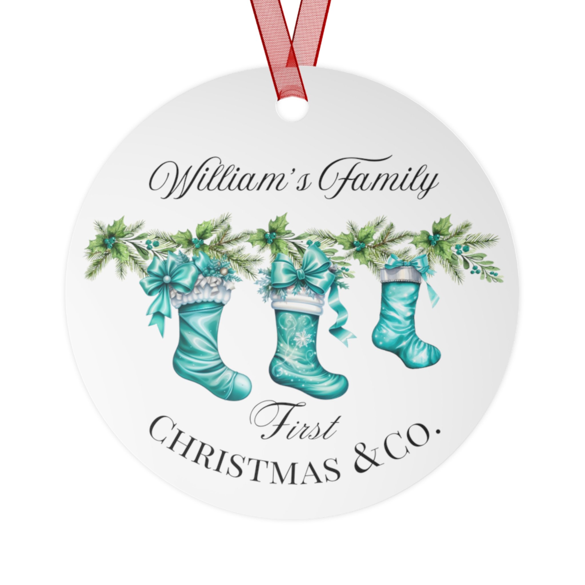 Breakfast at Tiffany's Personalized First Christmas Family  Baby Stocking Metal Ornaments