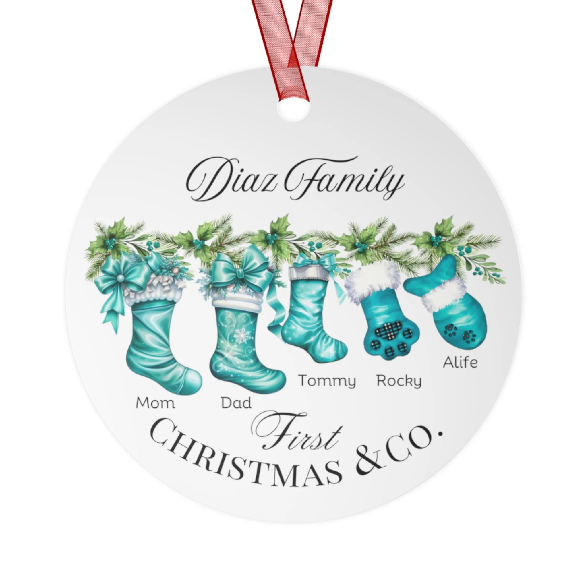 Breakfast at Tiffany's Personalized Names First Christmas as a Family With Paw Stocking Metal Ornaments