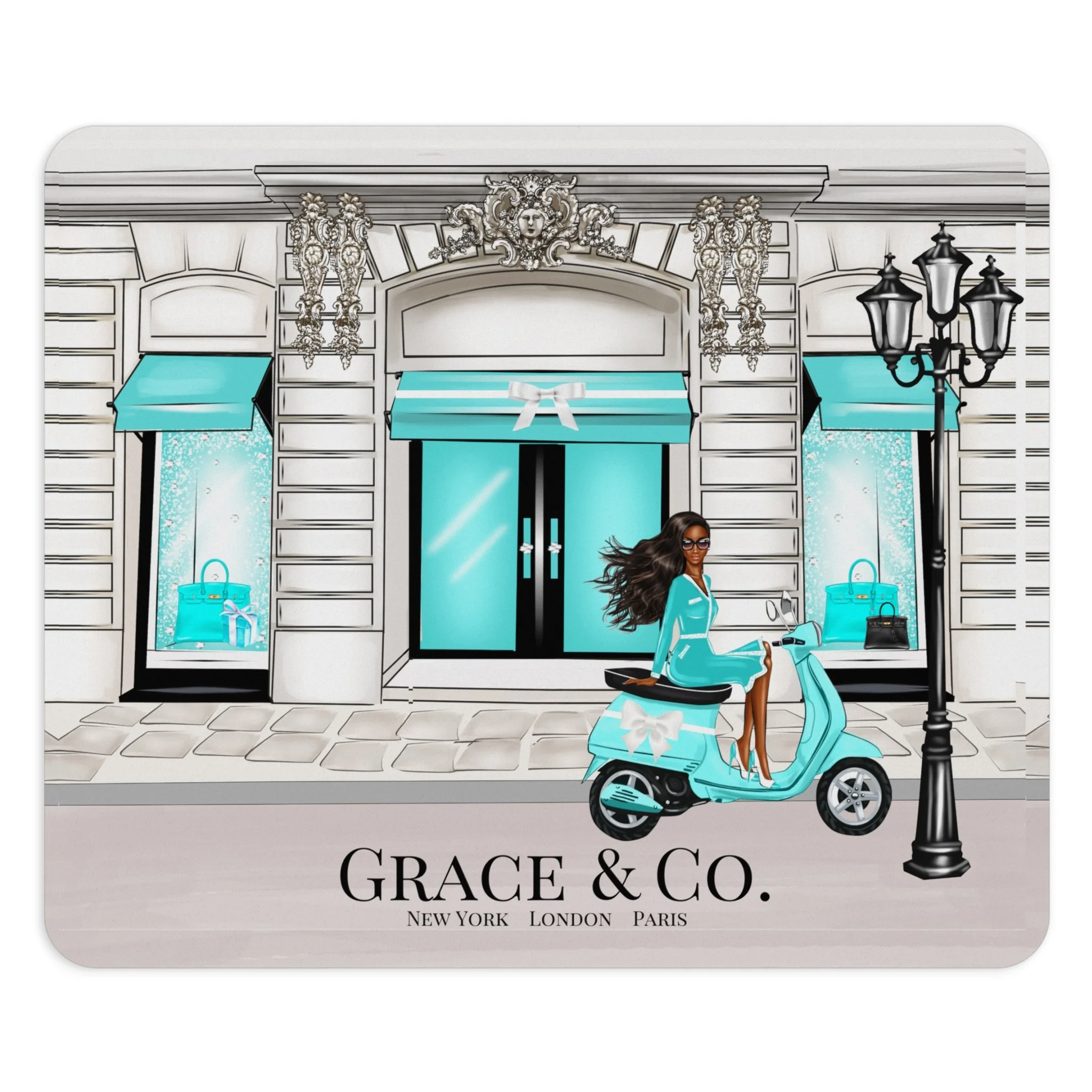 Personalized Breakfast at Tiffany's Scooter Girl  African American Aqua Mouse Pad