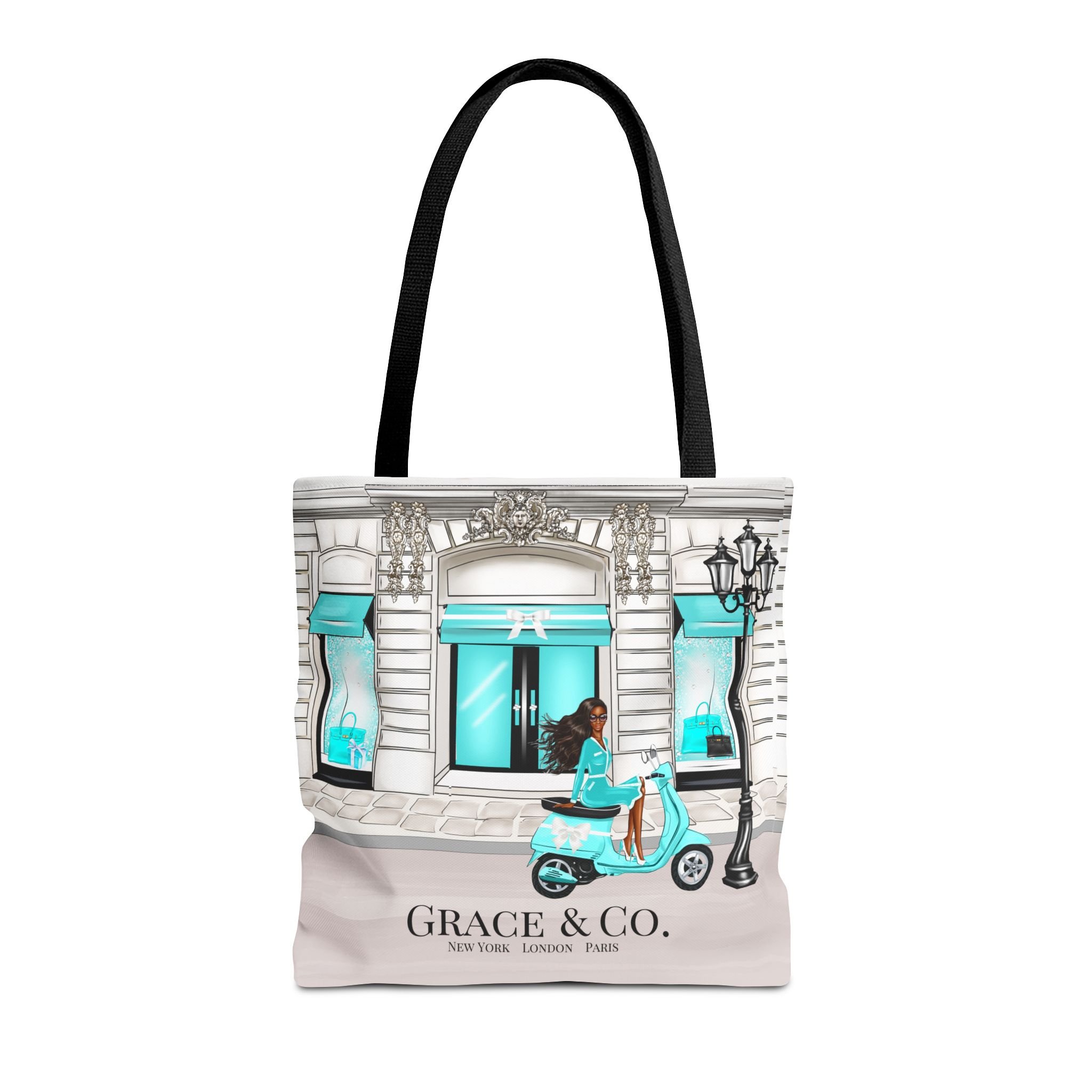 Personalized Breakfast at Tiffany's Scooter Girl African American Black or White Handle Tote