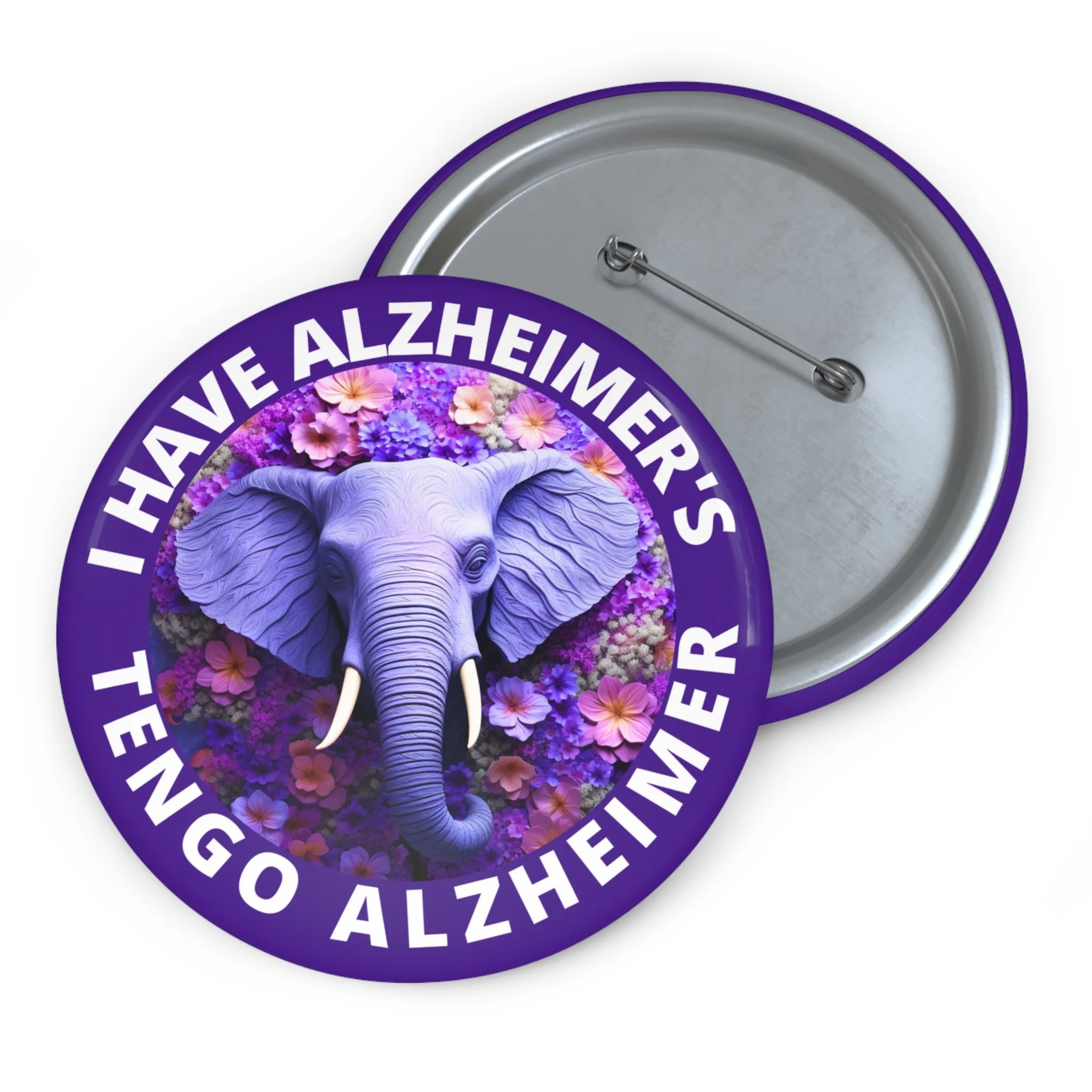 English & Spanish Purple Elephant Please Be Patient I have Alzheimer Tengo Alzheimer  Pin Buttons