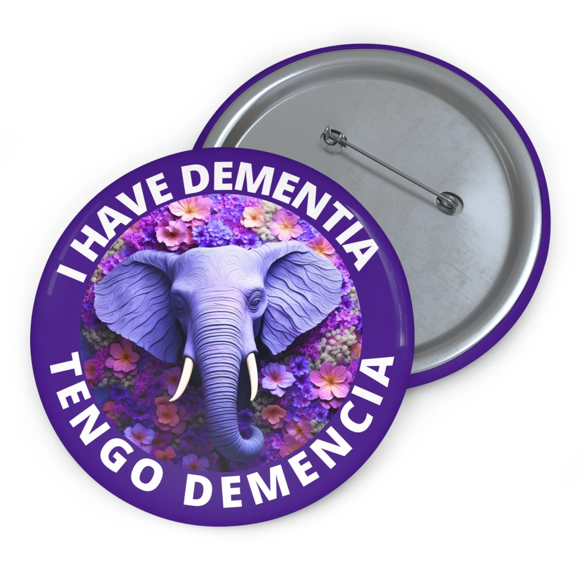 English & Spanish Purple Elephant Please Be Patient I have Dementia Tengo Menencia Pin Buttons