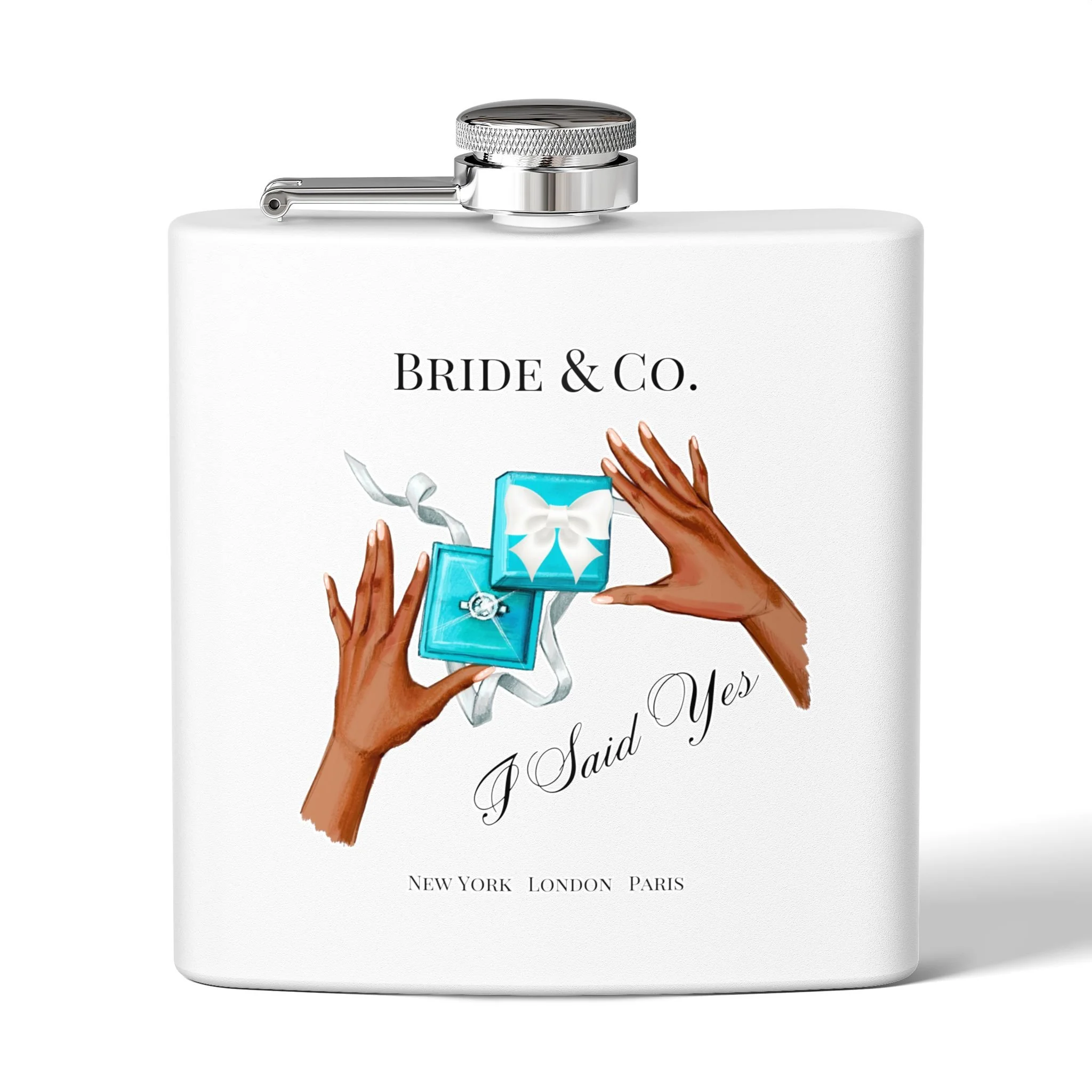 I Said Yes Little Blue Box Bride & Co Stainless Steel Flask, 6oz Dark Skin Shade