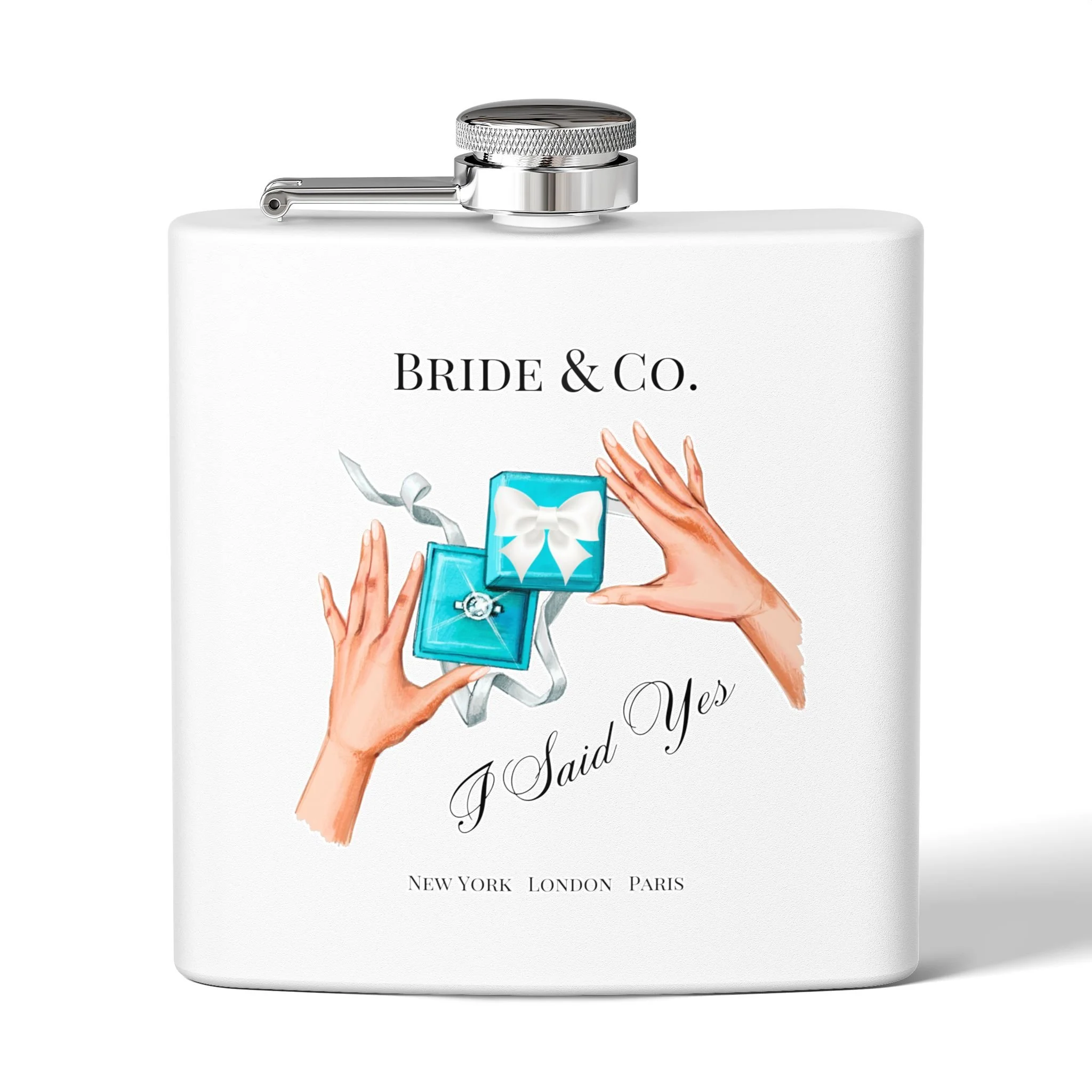 I Said Yes Little Blue Box Bride & Co Stainless Steel Flask, 6oz Light Skin Shade