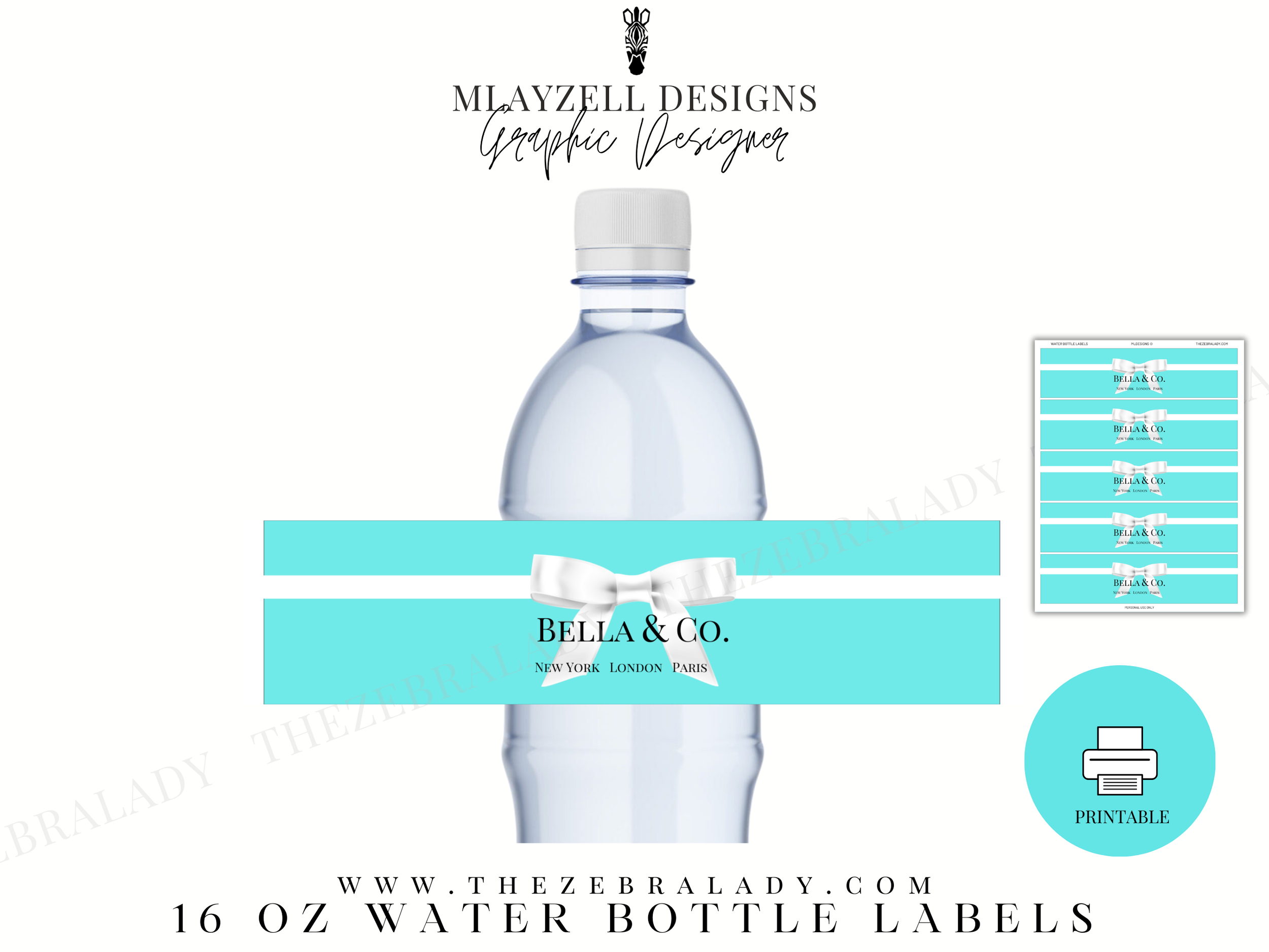 personalize cities 16 oz Water Bottle labels Breakfast at tiffanys Thezebralady.com.png