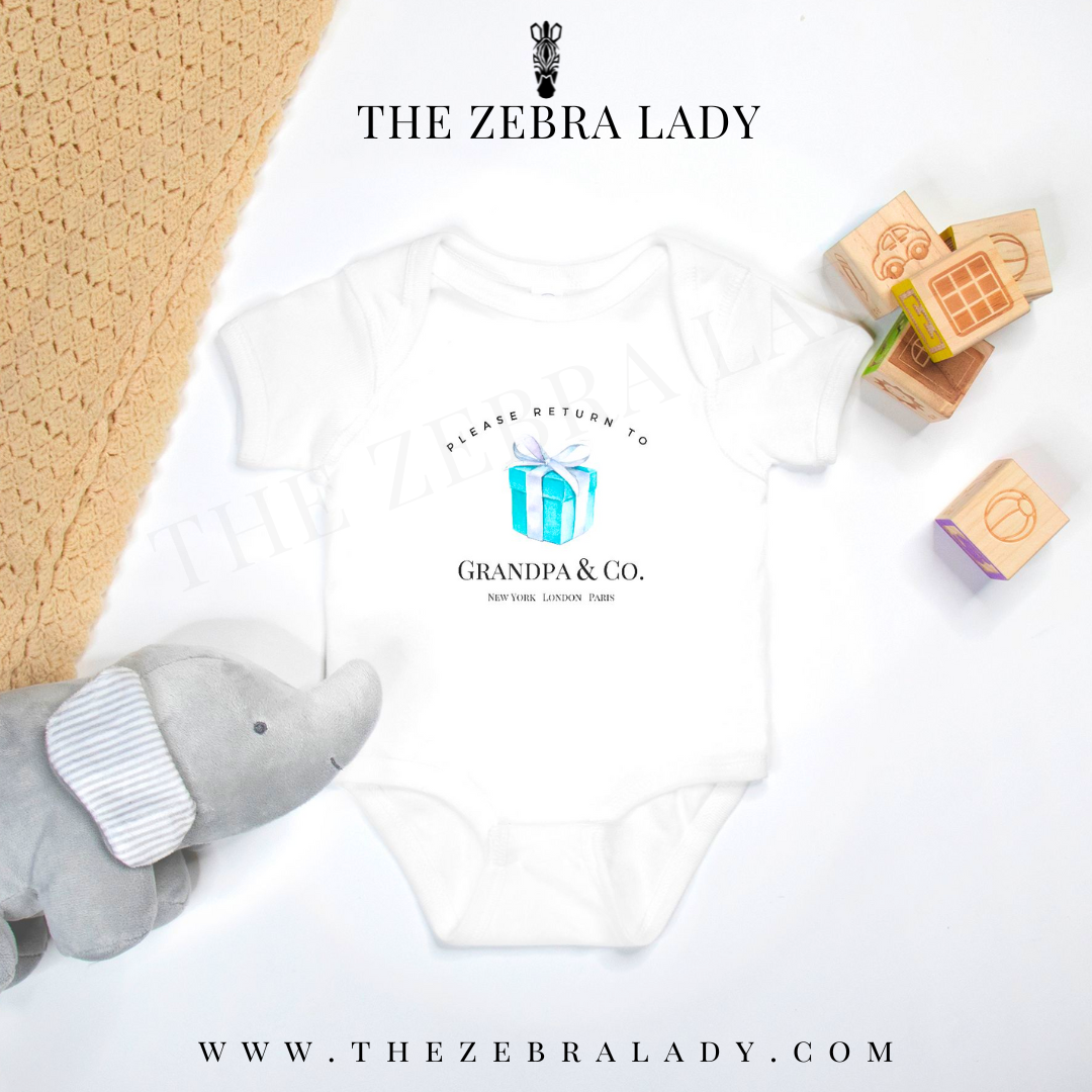 Grandpa & Co  Baby Onesie Breakfast at Tiffany's Please Return to  Little Blue Box