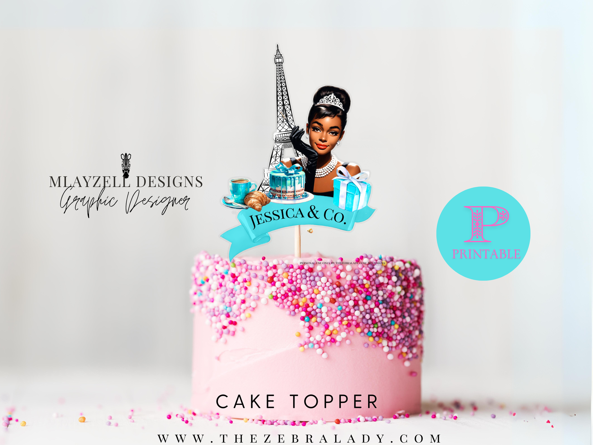 Printable Cake Topper Personalized Breakfast at Tiffany's African American Audrey Girl