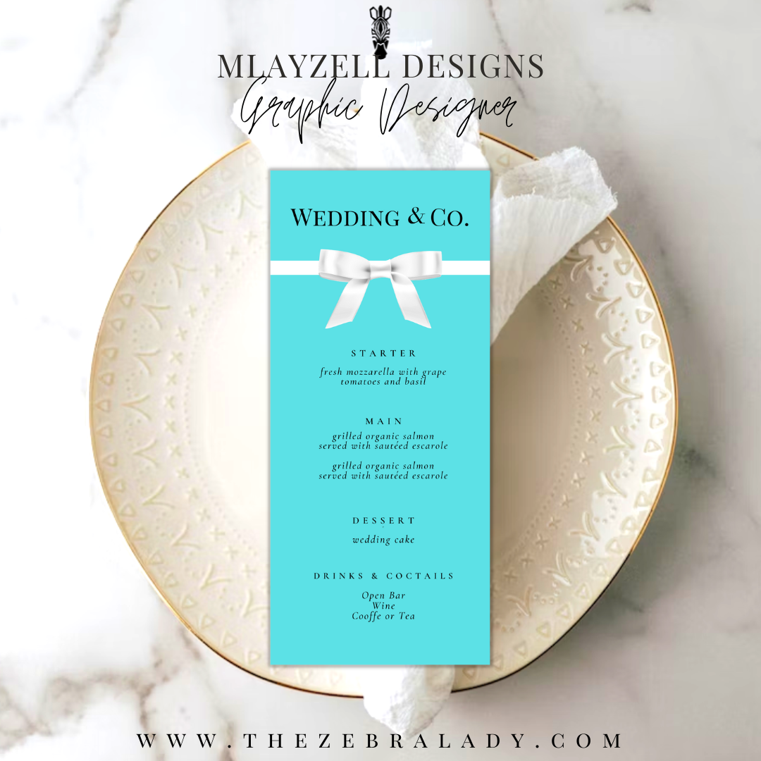 Party Menu Template, Wedding and Co, Breakfast at Tiffany's Table Menu Card Printable