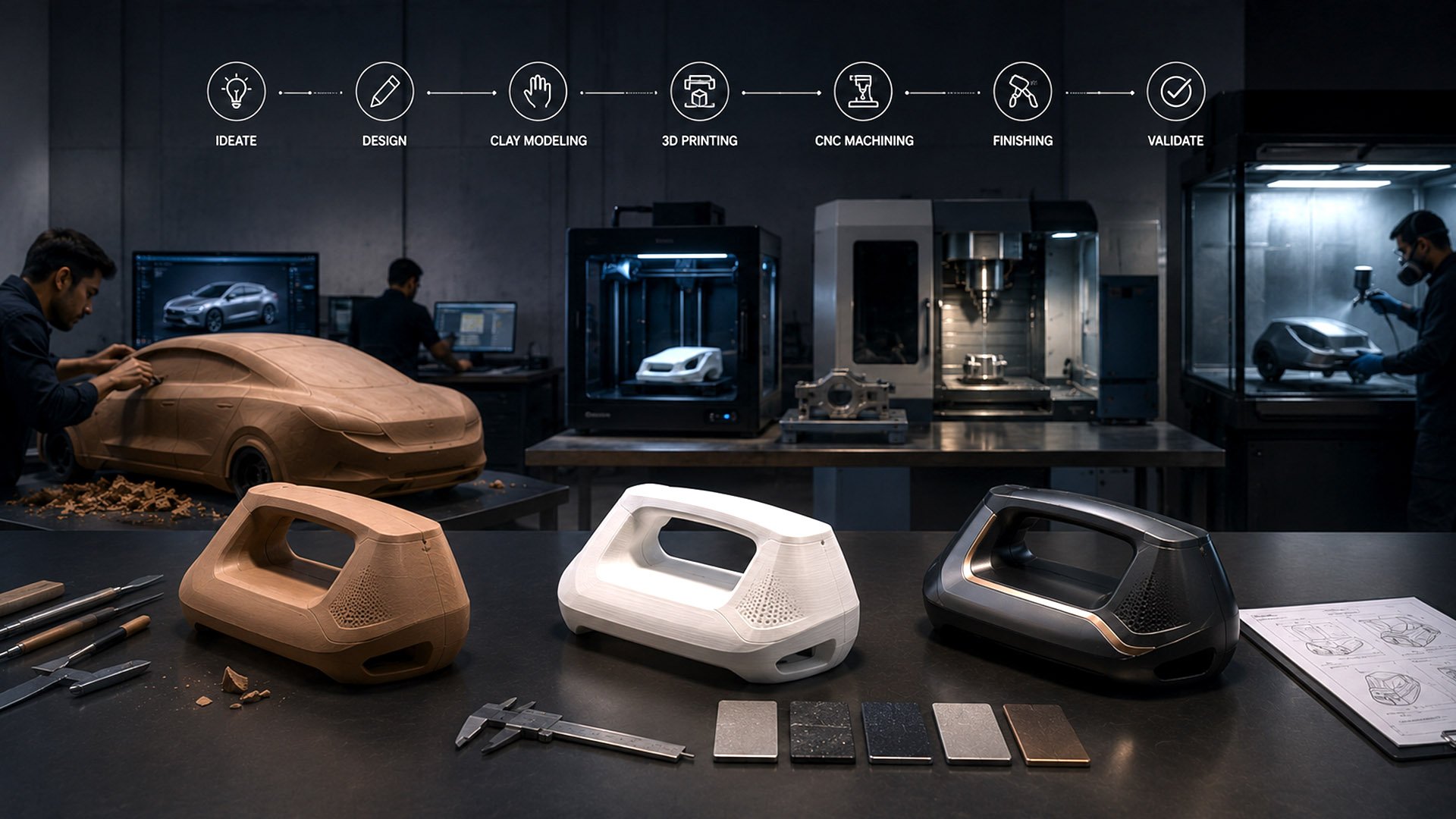 Prototyping services including clay modeling, 3D printing, and CNC machining by Sankul Design Studio