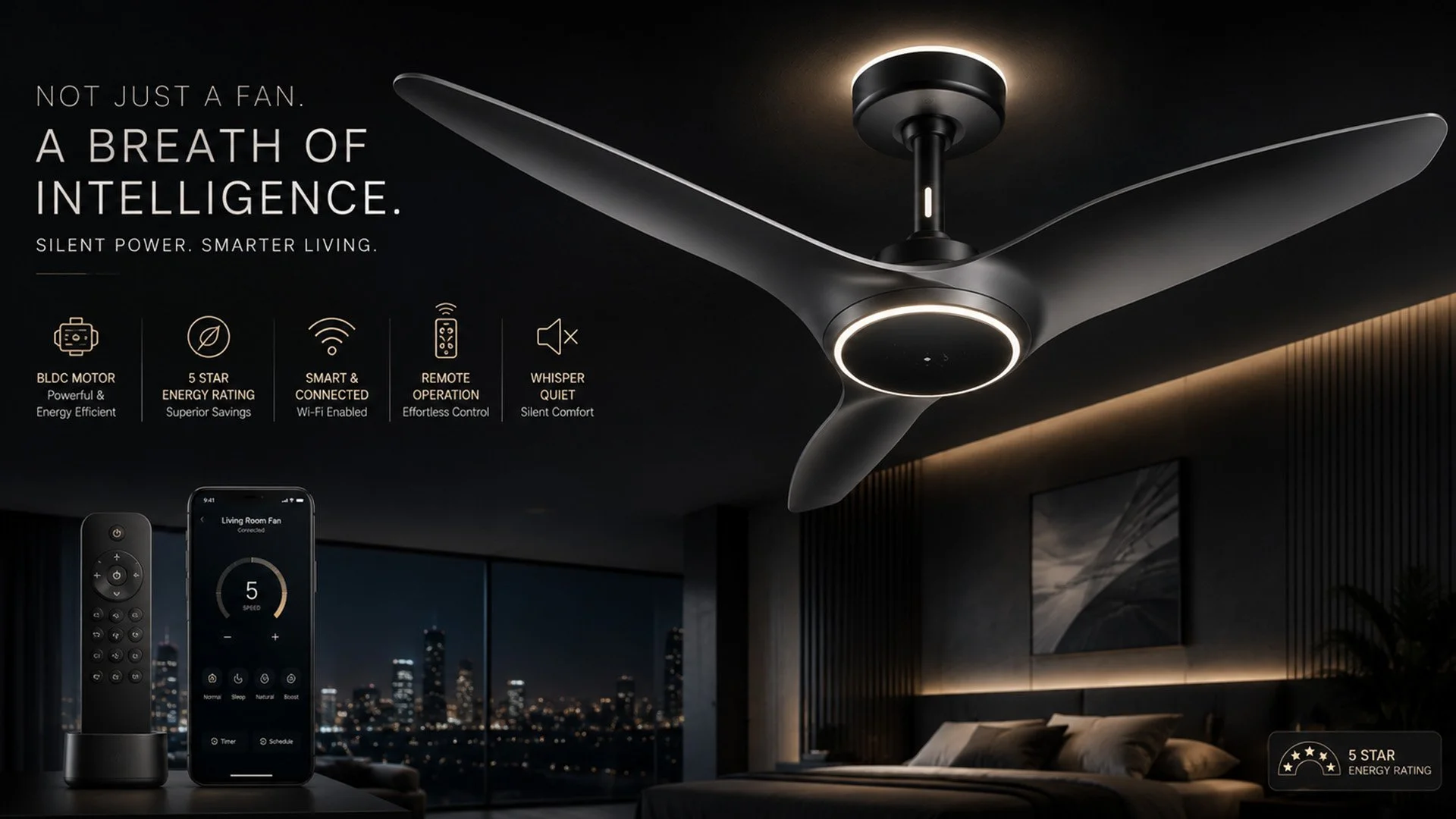 Smart BLDC ceiling fan design with 5-star energy rating, designed by Sankul Design Studio