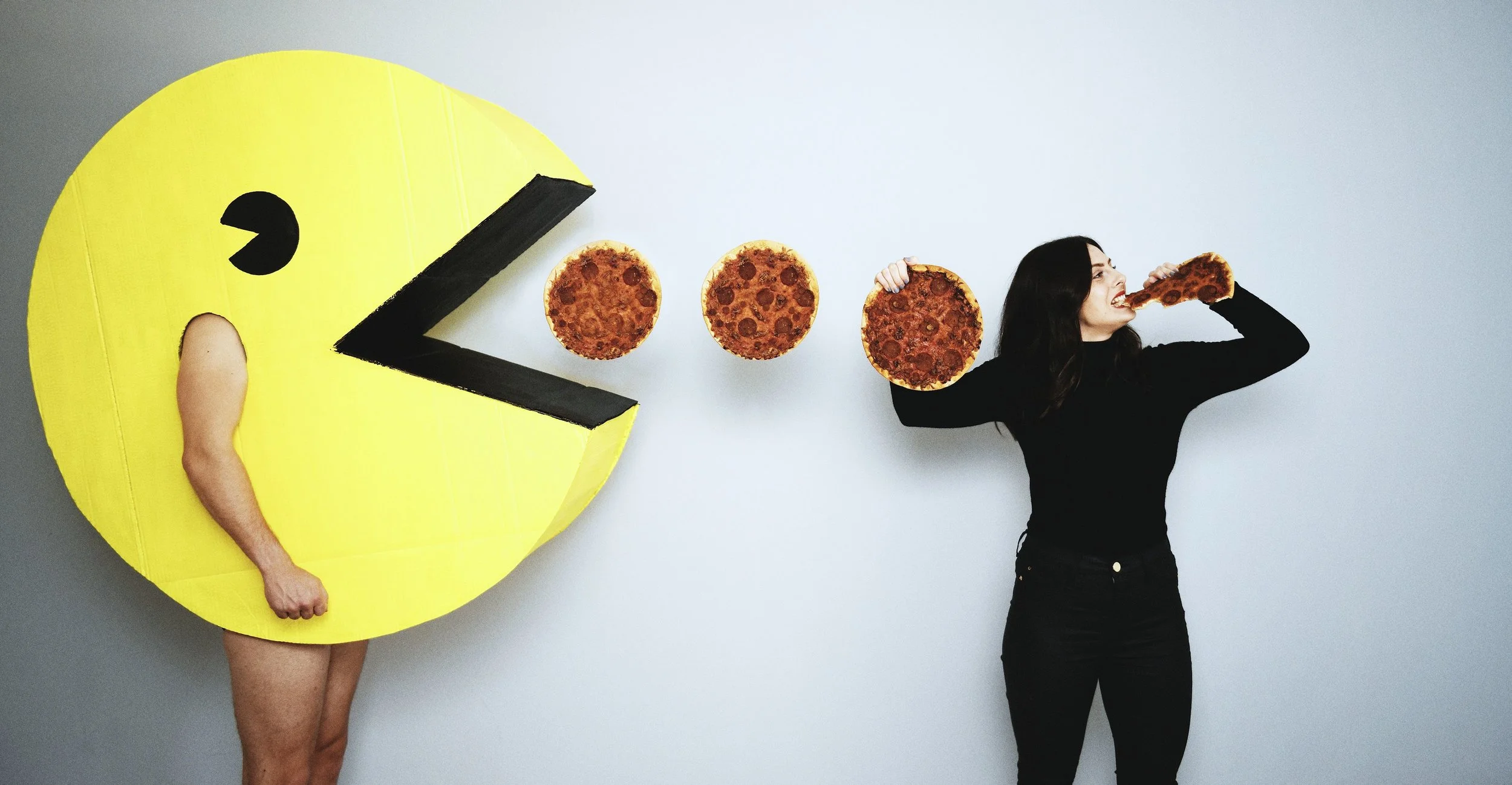 Bride to be - loves to eat pizza four times a day washed down with a few gins (perfect for all) Groom to be - wishes he could jump into the games to escape reality