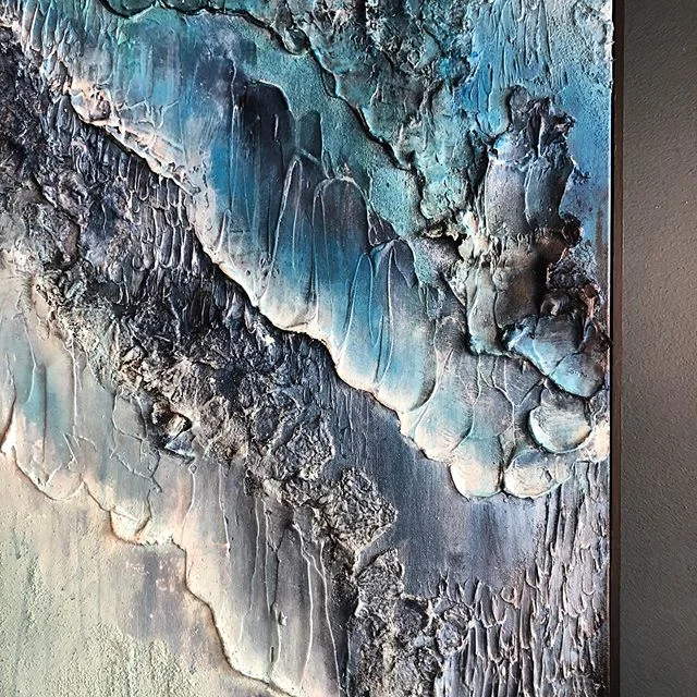 Morning light ( close up)  of ✨New large format  4ft x3ft of @maggiebrownart &ldquo; Jump the Shark&rdquo; making a big statement in person 🌊Available for Sale - Come see Saturday during our OPEN HOUSE Holiday party December 7th  starting at 6pm🎄 w