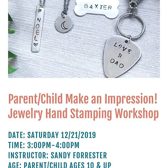 This SATURDAY 🎄a quick memory making workshop, permanent gift 🎄This parent/child beginner&rsquo;s workshop will be an hour of fun as Sandy Forrester, a local metalsmith &amp; jewelry designer, teaches you the basics of stamping on metal to create a