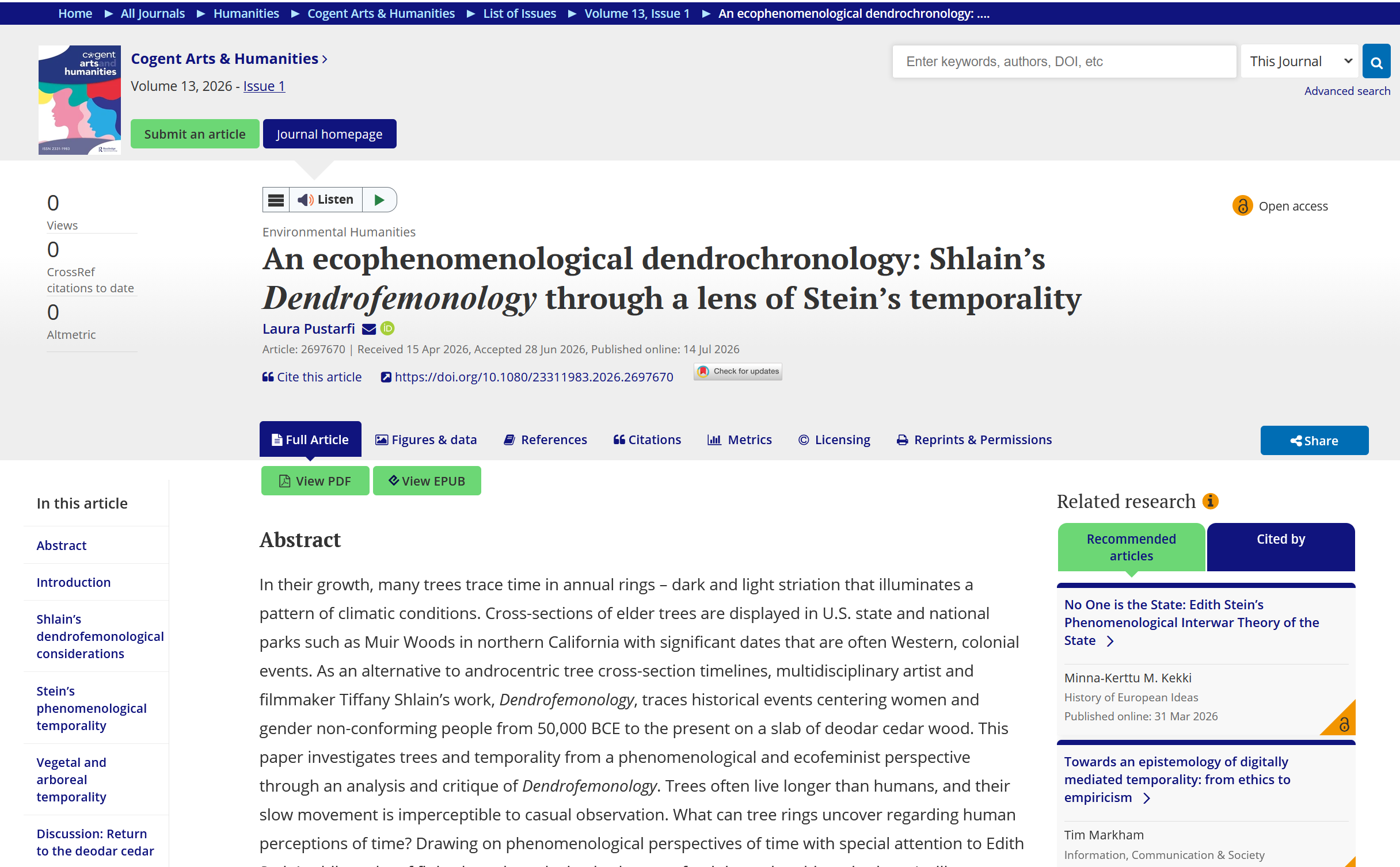 Article - An ecophenomenological dendrochronology: Shlain’s Dendrofemonology through a lens of Stein’s temporality