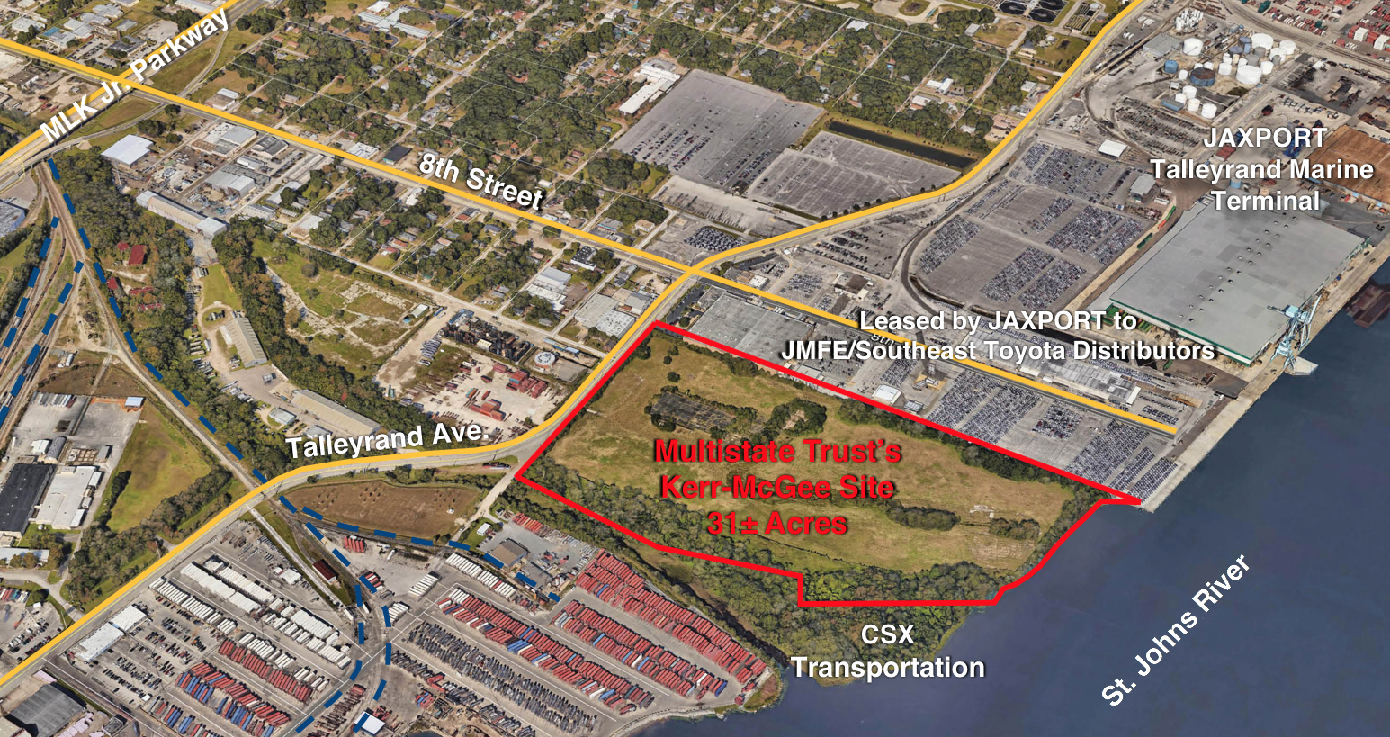 This map shows the location of the Multistate Trust’s Kerr-McGee Chemical Corp – Jacksonville Superfund Site (outlined in red) in the Port of Jacksonville, Florida. To facilitate cleanup of the Site, the Multistate Trust acquired 2.8 acres of state-owned, submerged lands adjacent to the Site’s St. Johns River shoreline in a land swap authorized by Florida’s governor and cabinet. In exchange for the submerged lands, the State agreed to accept 14.5 acres of marsh and forest that the Multistate Trust acquired and offered as trade lands and that will be conserved as part of the adjoining Fort George Island Cultural State Park.