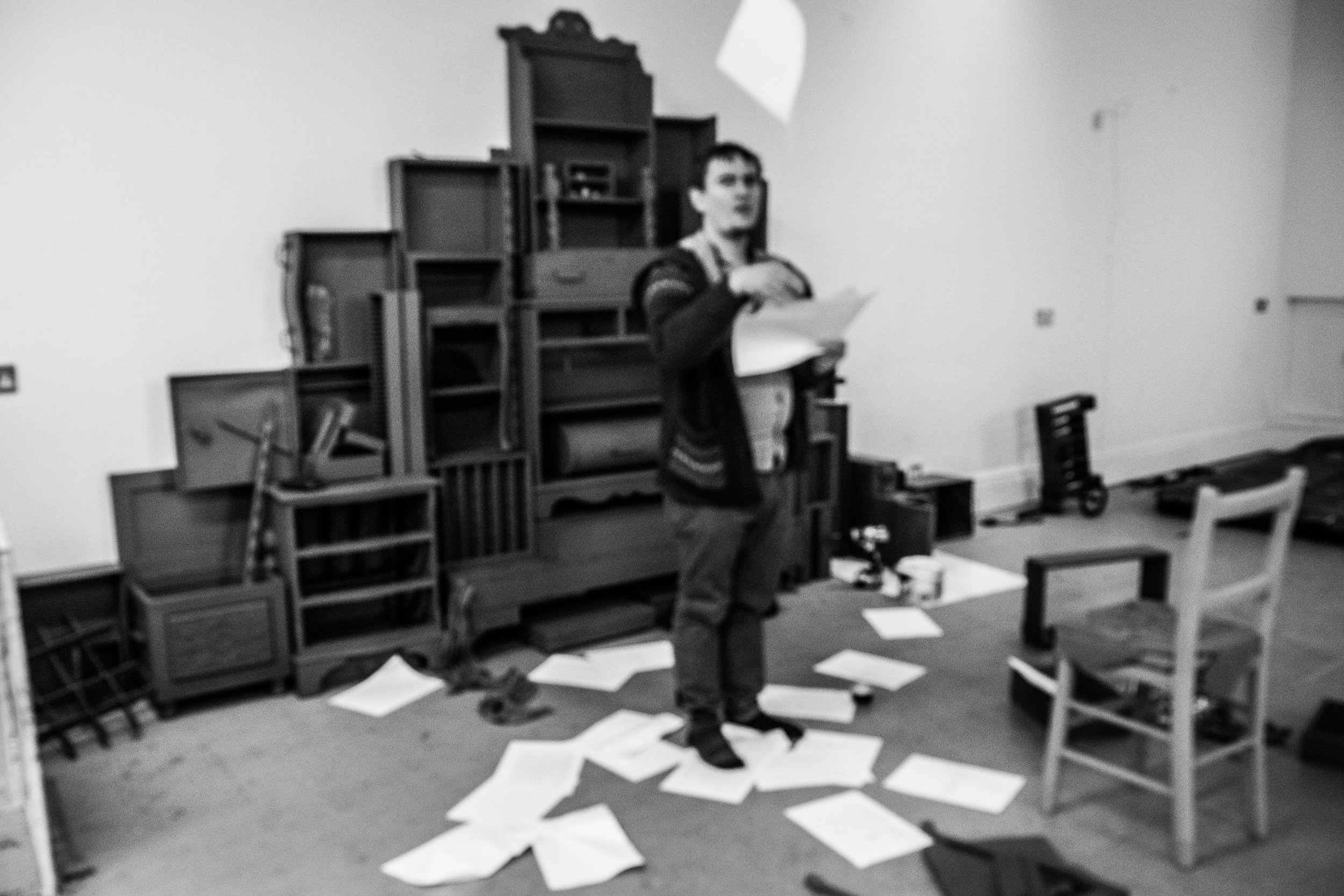 Rhys Trimble performing the list of 5,000 quarries and mines of North Wales, in our studio in Castell Penrhyn, February 2019 (our Dresel Griddfan in the background)