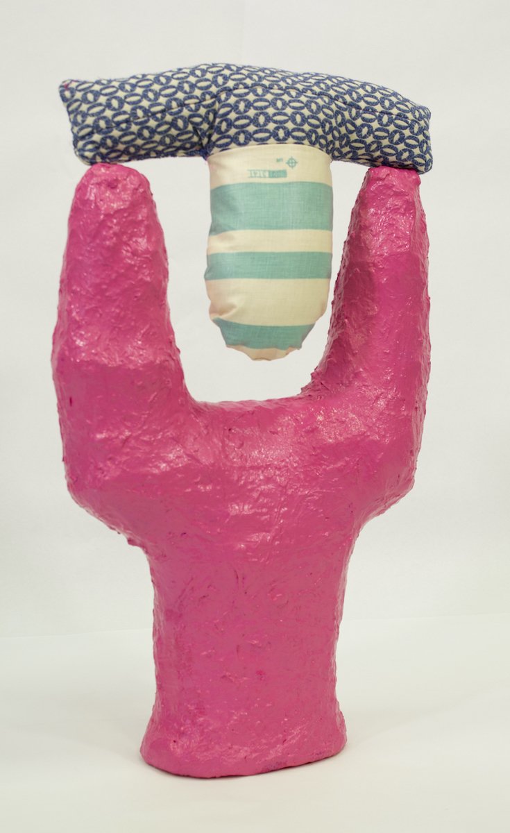  Matthew Russo,  That Might Fit , 2020, Acrylic, Fabric, Paper-Pulp, Wood, Approx. 30 x 17 x 7 inches 