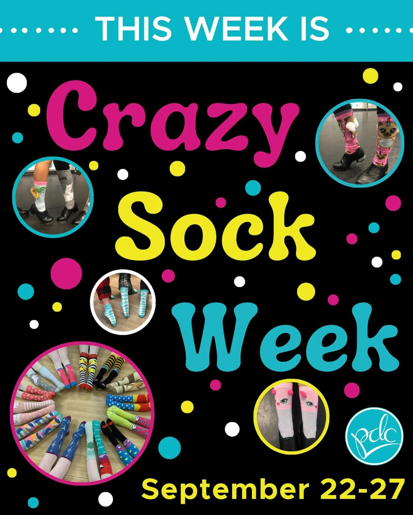 It&rsquo;s CRAZY Sock Week at PDC Sept 22nd-27th! We can&rsquo;t wait to see your craziest socks in class! Make sure to share your pics and tag us! And don&rsquo;t forget to stop by the front desk each day you wear crazy socks for a special treat! 🍬