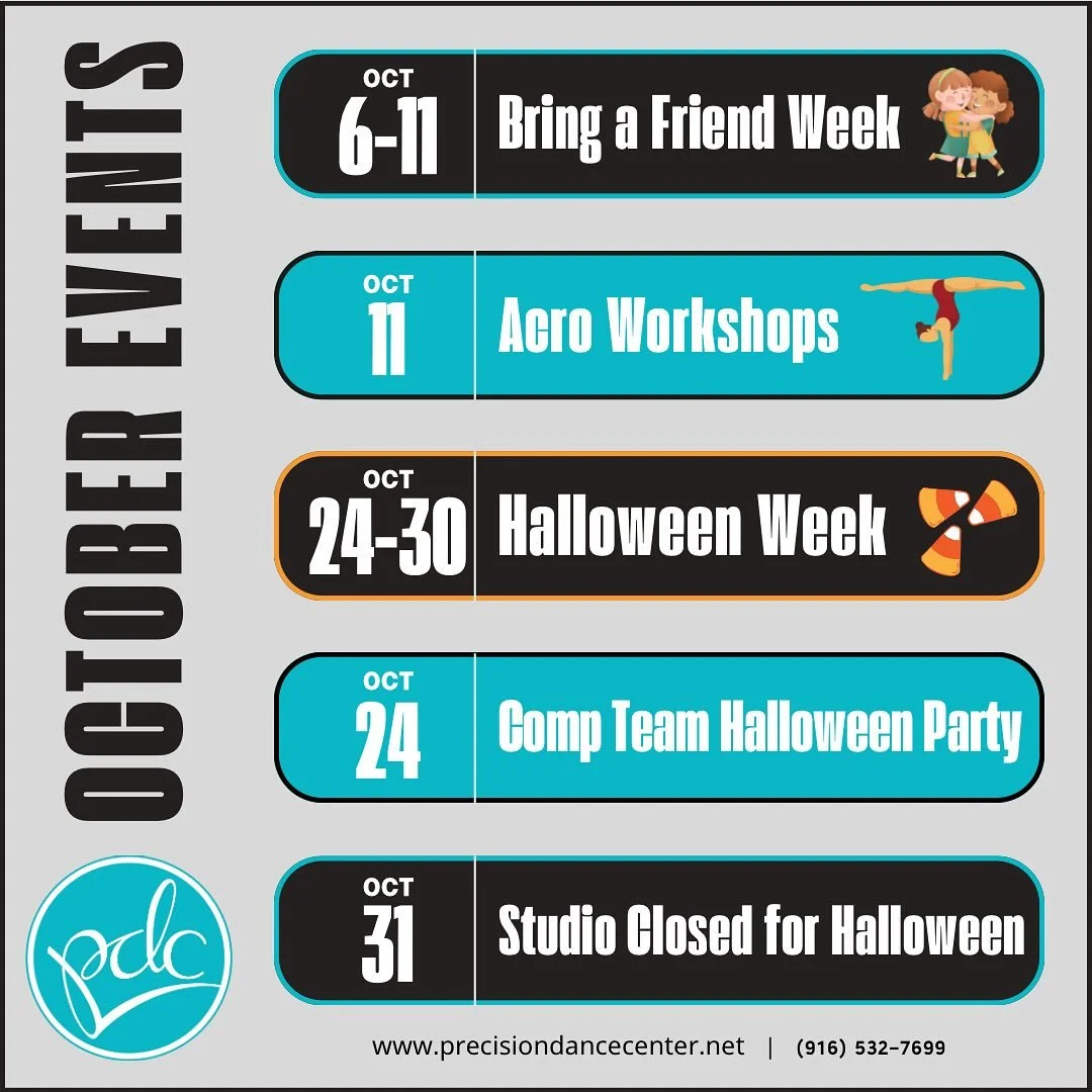 October is O-Mazing at PDC! 👻🎃💀

Check out all the Spook-tacular Events we have planned this month! 

We would LOVE to have you dance with us at PDC! Contact us for more information. 🧡🖤🧡🖤

***********************************
Precision Dance Ce