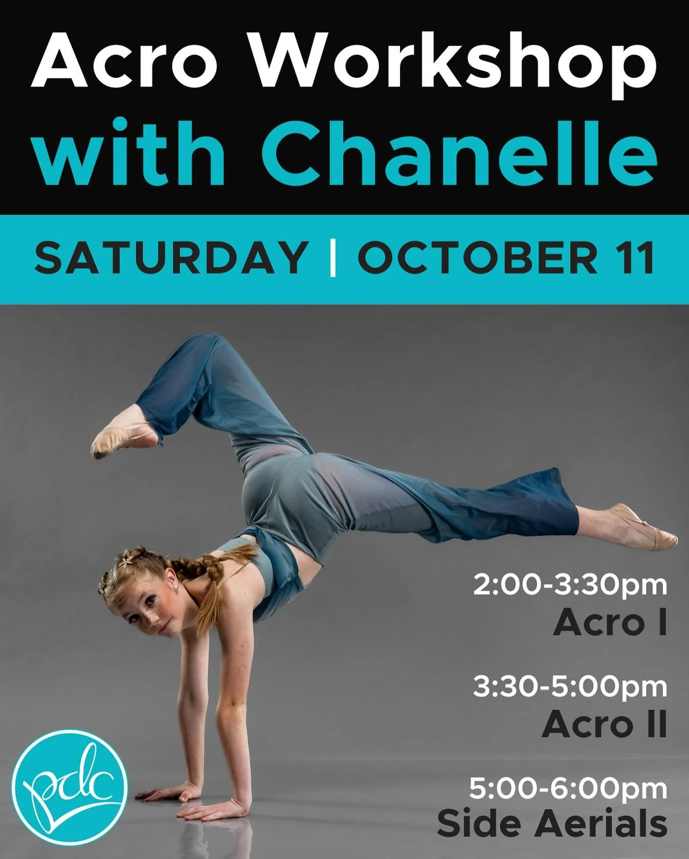 💙💙Acro Workshops with Chanelle 💙💙

🤸&zwj;♂️We&rsquo;re excited to host three Acro Workshops with Ms. Chanelle this Saturday, October 11th🤸&zwj;♂️

Acro 1: 2:00-3:30pm
Acro 2: 3:30-5:00pm
Side Aerials Workshop: 5:00-6:00pm

Register in the Paren