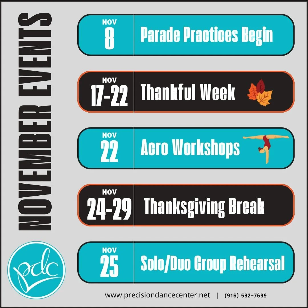 🍂🍁🍂November is Full of Fall Fun at PDC!

Check out our calendar of upcoming studio events and workshops! 

💙Come dance with us at PDC!💙

***********************************
Precision Dance Center
911 Washington Blvd, Suite 201
Roseville, CA
(916