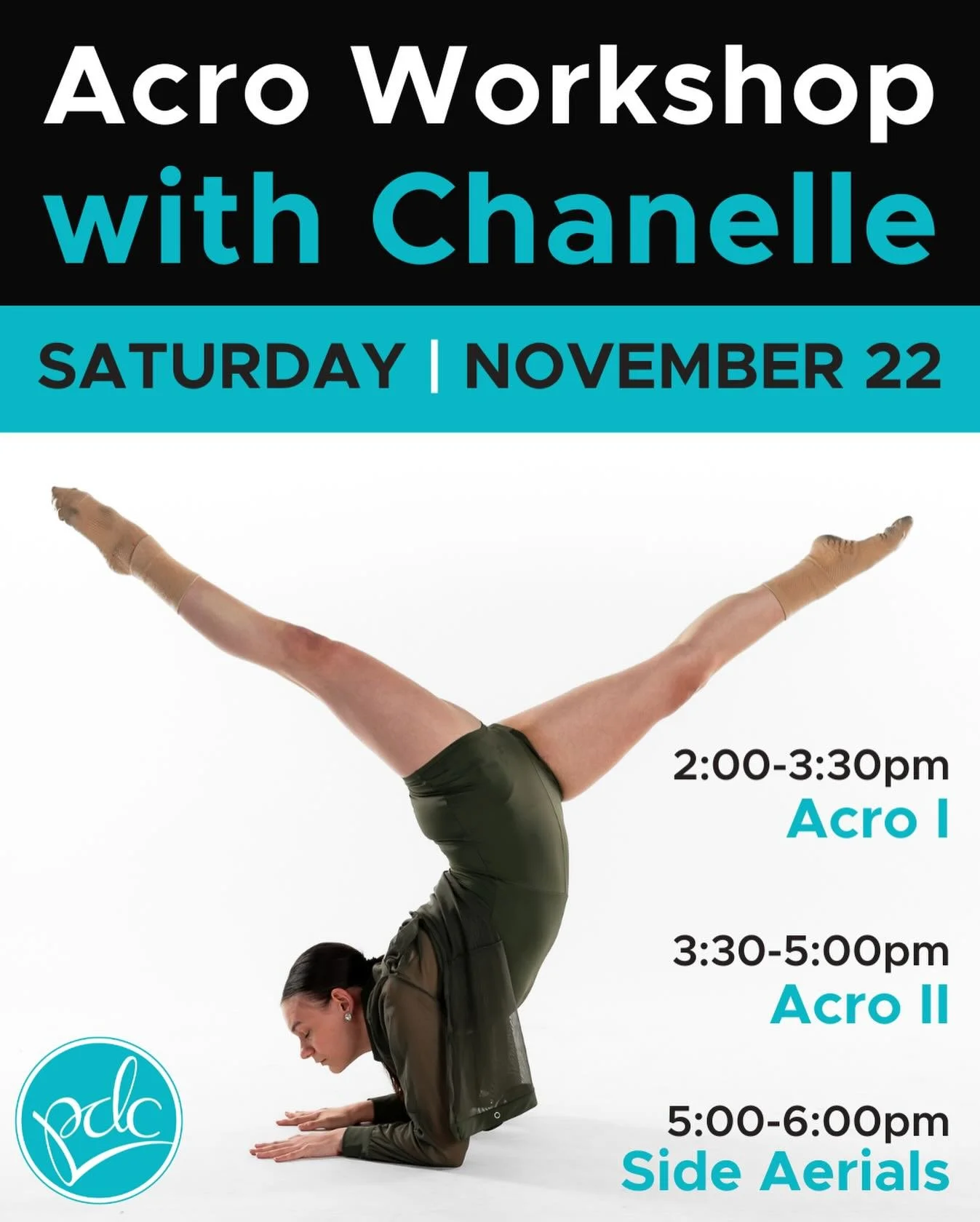 💙💙Acro Workshops with Chanelle 💙💙

🤸&zwj;♂️We&rsquo;re excited to host three Acro Workshops with Ms. Chanelle this Saturday, November 22nd!🤸&zwj;♂️

Acro 1: 2:00-3:30pm
Acro 2: 3:30-5:00pm
Side Aerials Workshop: 5:00-6:00pm

Register in the Par