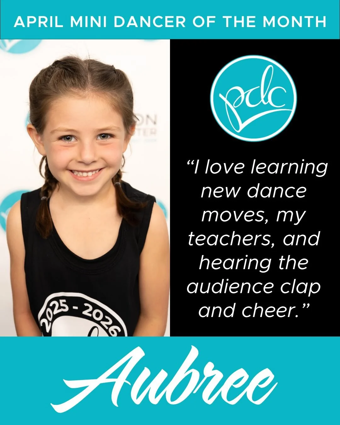 📣 We&rsquo;re excited to celebrate our April Dancers of the Month! 📣

🌟 Aubree &ndash; Mini DOTM 🌟 🌟 Vayda &ndash; Petite DOTM 🌟 🌟 Kalyn &ndash; Junior DOTM 🌟 🌟 Isabella &ndash; Teen DOTM 🌟 🌟 Charlotte &ndash; Senior DOTM 🌟

❤️✨ Huge cong