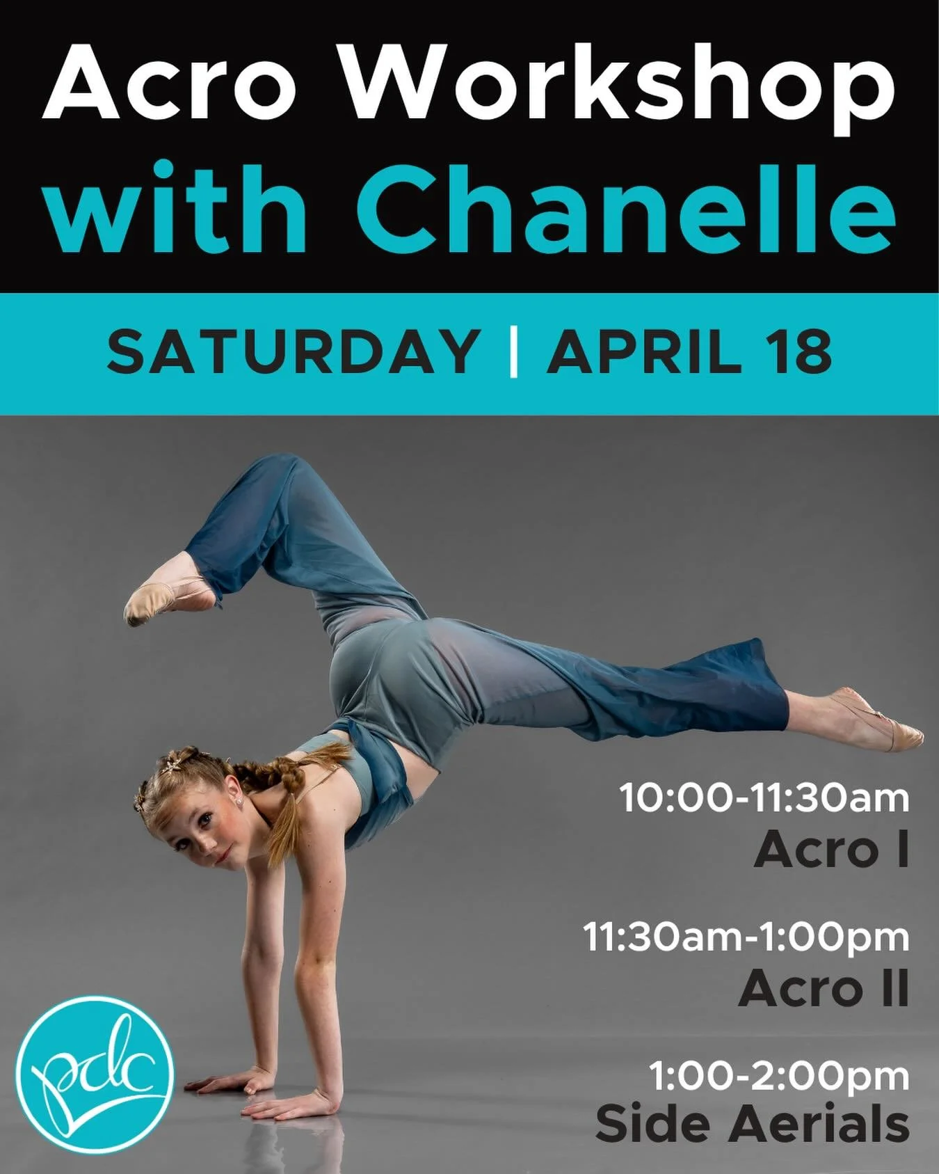 💙💙Acro Workshops with Chanelle 💙💙

🤸&zwj;♂️We&rsquo;re excited to host three Acro Workshops with Ms. Chanelle this Saturday, April 18th!🤸&zwj;♂️

Acro 1: 10:00-11:30am
Acro 2: 11:30am-1:00pm
Side Aerials Workshop: 1:00-2:00pm

Register in the P