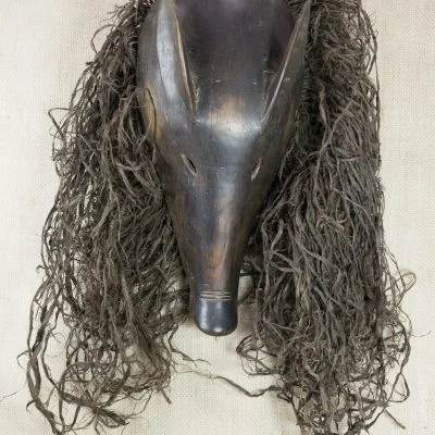 Chokwe Ceremonial Ngulu Pig Mask with Raffia