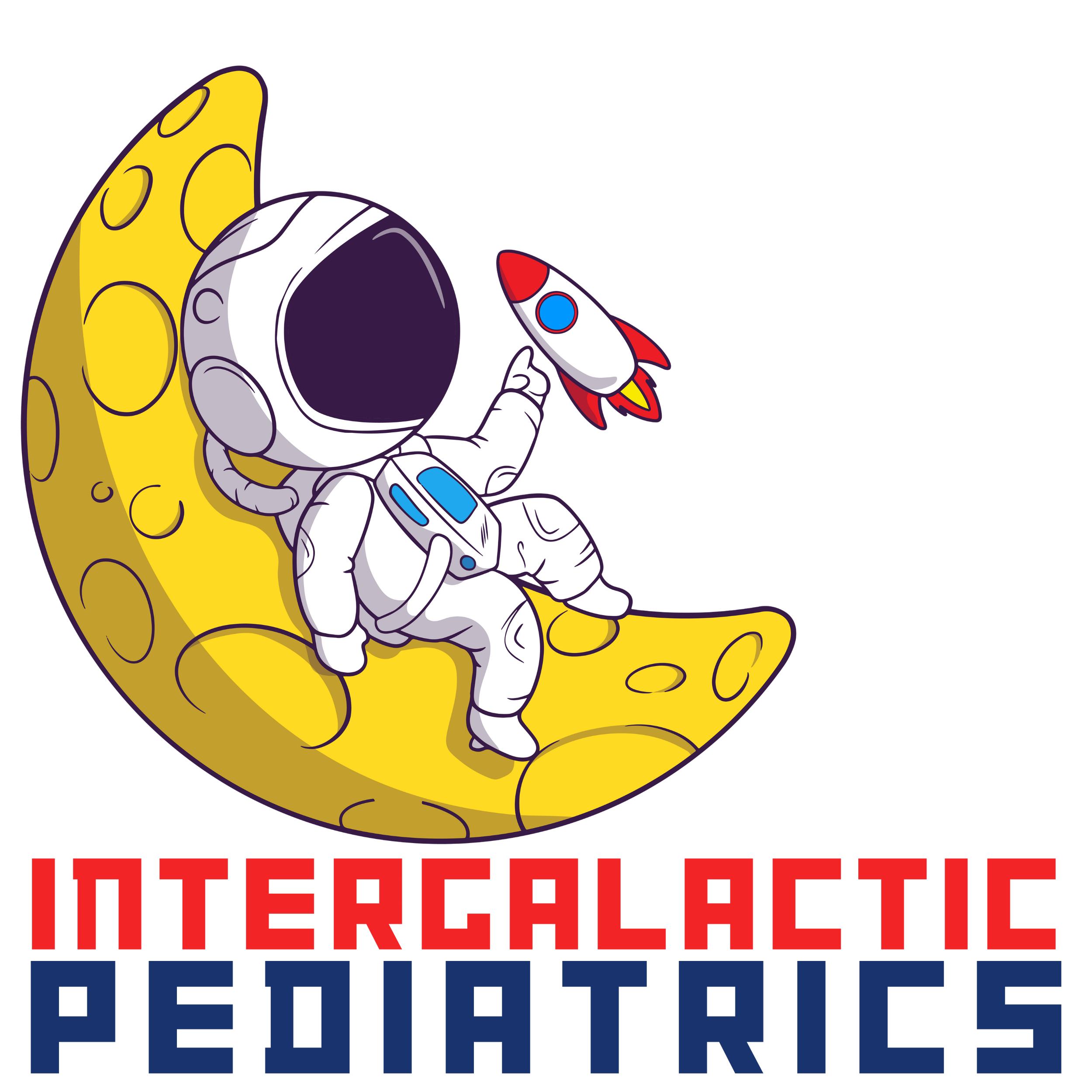 Intergalactic Pediatrics logo with a space explorer relaxing on a crescent moon