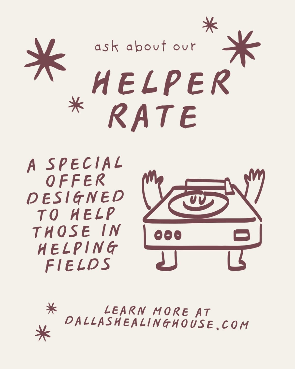 ⭐️ Discounted counseling for helpers ⭐️ We&rsquo;re talking to you LPCs, LMFTs, associates, teachers, healthcare workers, first responders. 

Submit on our website and mention the helper rate. We&rsquo;ll take it from there 👌. 

#helperjob #dallashe