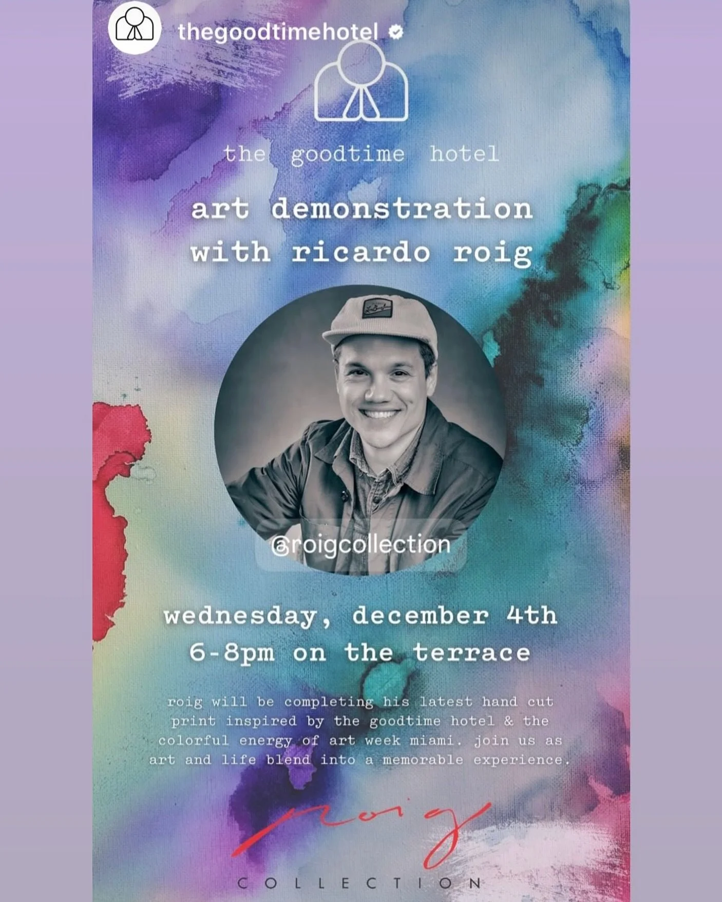 Tomorrow @thegoodtimehotel Live Demo by Ricardo Roig in Miami for Miami Art Week!

All are welcome to join!
🌊⚡️❤️

#roigcollection 
#miamiartweek 
#ricardoroig
#goodtimehotel